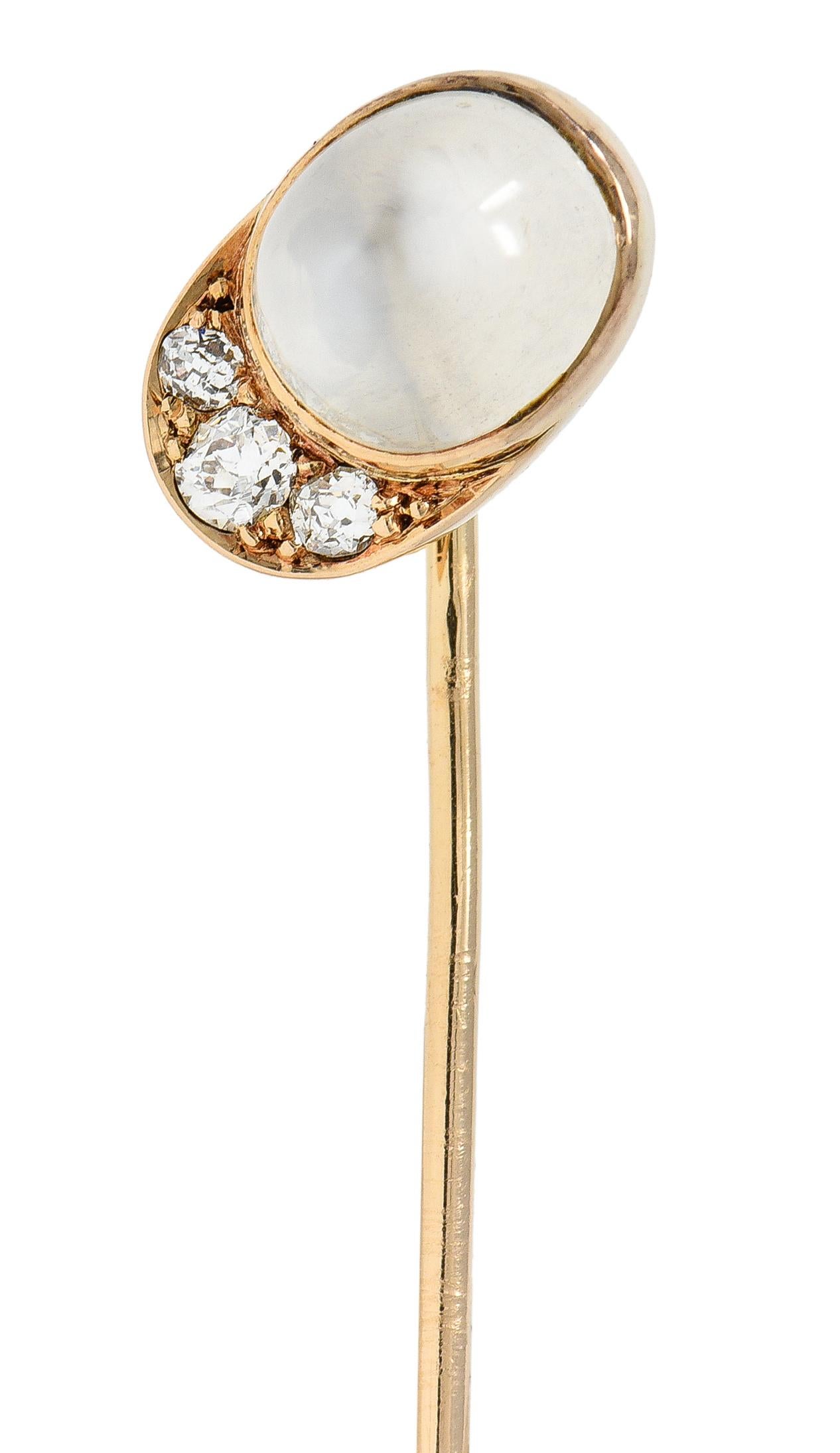 Victorian Diamond Moonstone Cabochon 14 Karat Gold Jockey Hat Antique Stickpin For Sale 4