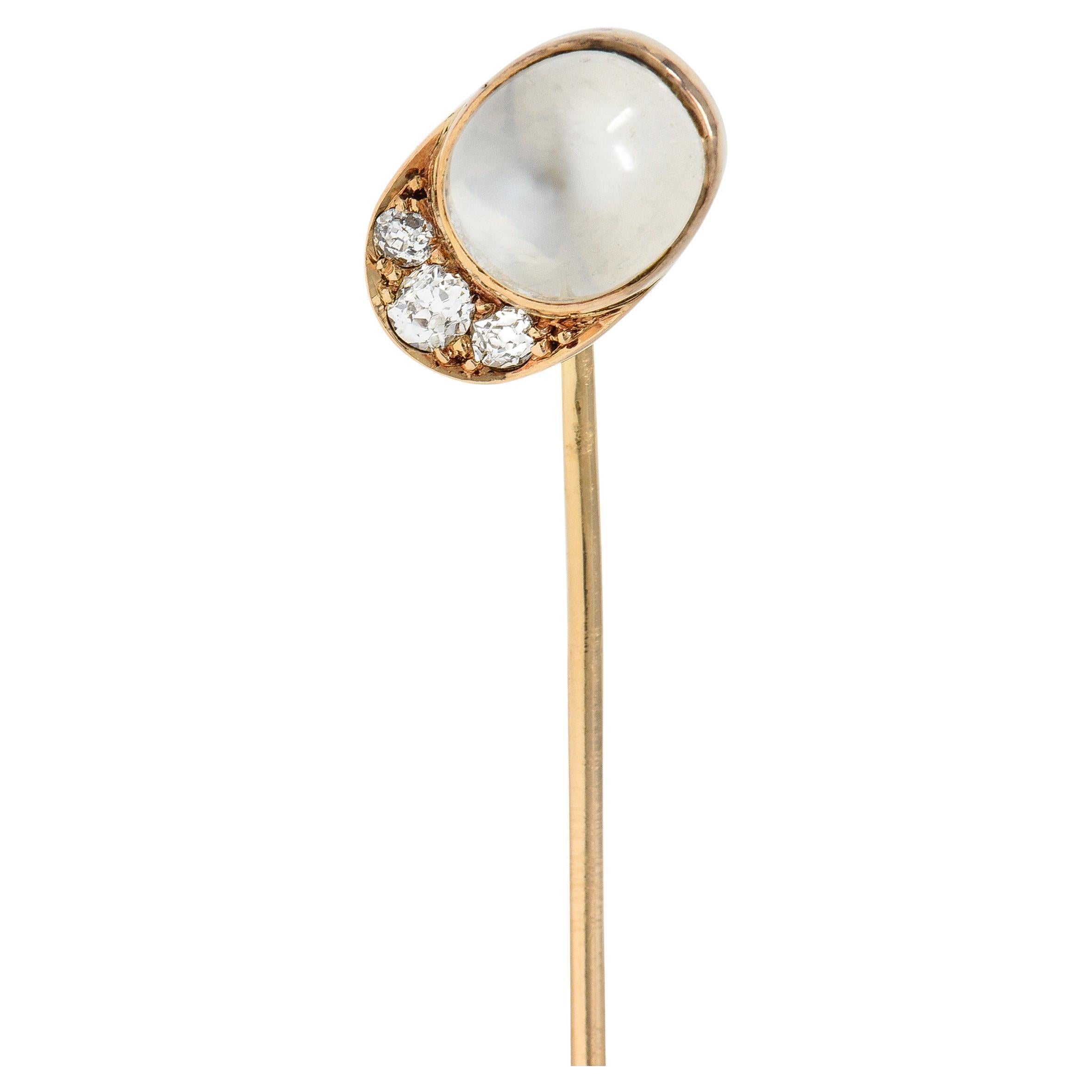 Victorian Diamond Moonstone Cabochon 14 Karat Gold Jockey Hat Antique Stickpin For Sale