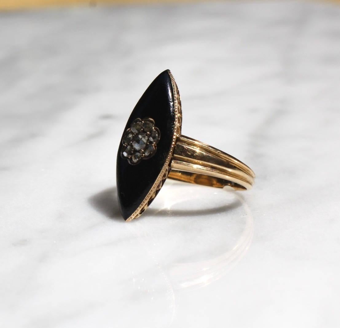 Rose Cut Victorian Diamond Mourning Black Enamel Rosecut .70 Carat 18K Gold Navette Ring For Sale