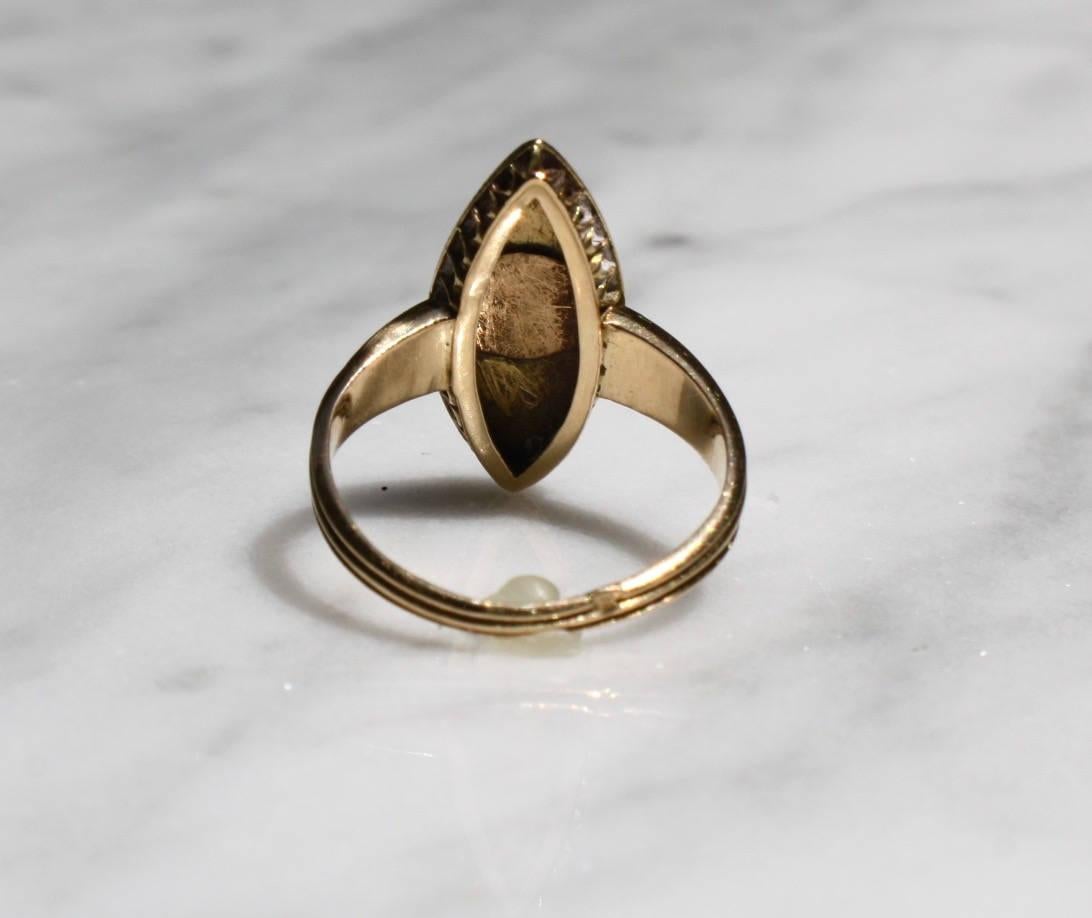 Victorian Diamond Mourning Black Enamel Rosecut .70 Carat 18K Gold Navette Ring In Good Condition For Sale In Crownsville, MD