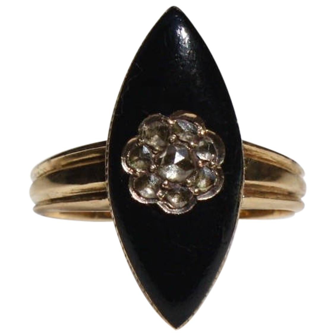 Victorian Diamond Mourning Black Enamel Rosecut .70 Carat 18K Gold Navette Ring For Sale