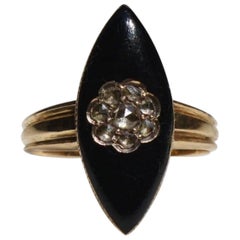 Antique Victorian Diamond Mourning Black Enamel Rosecut .70 Carat 18K Gold Navette Ring