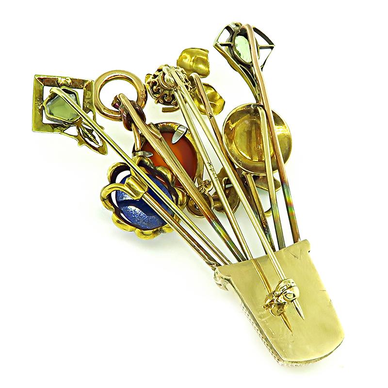 Anstecknadel, viktorianisch, Diamant, mehrfarbiger Edelstein, Emaille, Gold, bauchiges Korb für Damen oder Herren im Angebot