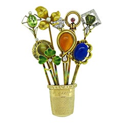 Victorian Diamond Multi Color Gemstone Enamel Gold Thimble Basket Pin