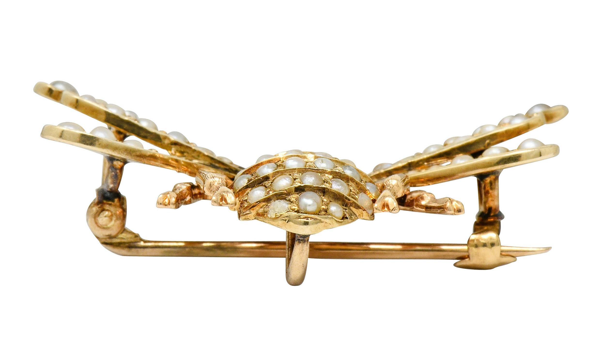 Victorian Diamond Natural Freshwater Pearl 14 Karat Gold Insect Brooch, 1890s 5