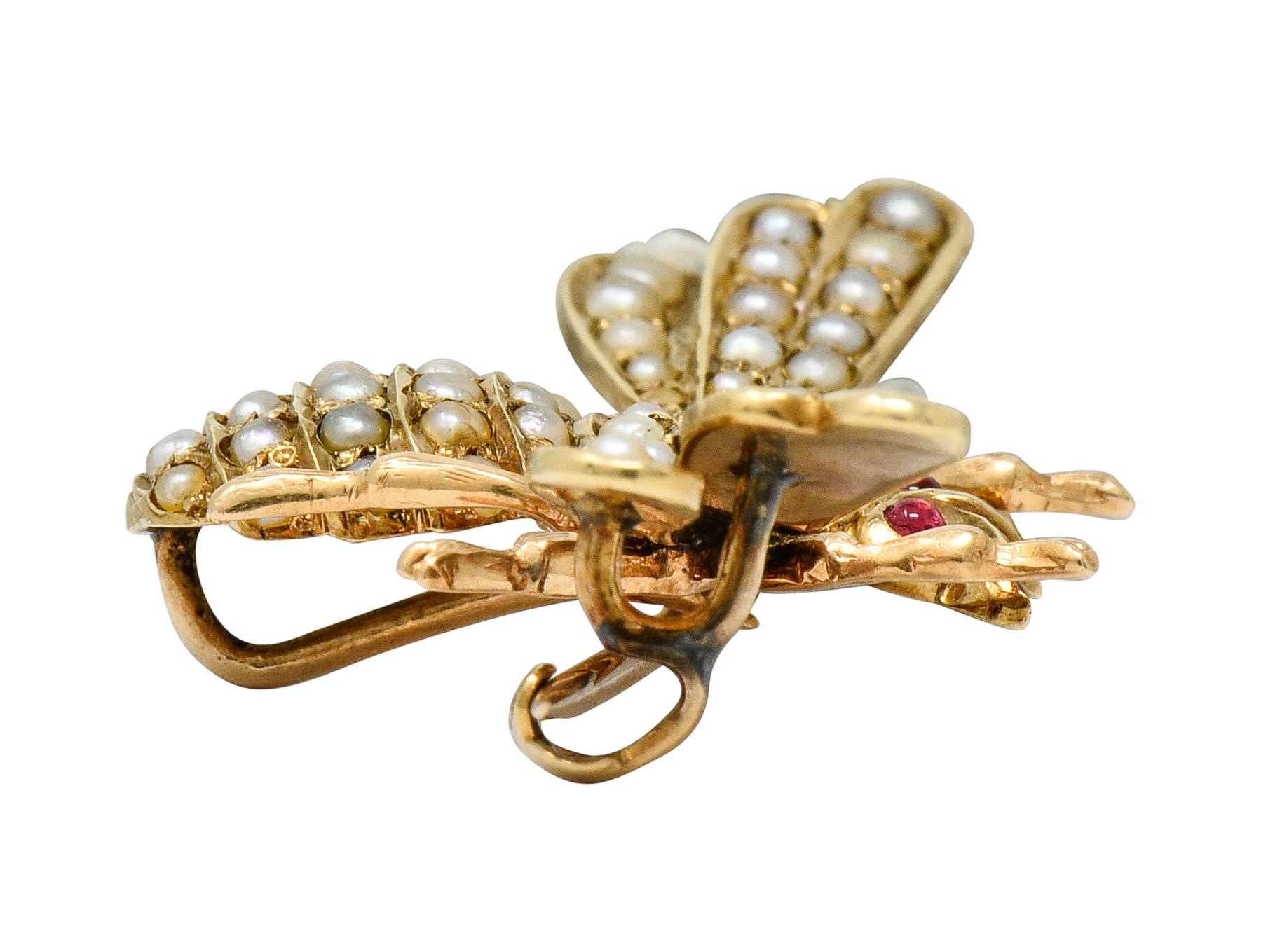 Victorian Diamond Natural Freshwater Pearl 14 Karat Gold Insect Brooch, 1890s 6