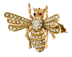 Victorian Diamond Natural Freshwater Pearl 14 Karat Gold Insect Brooch, 1890s