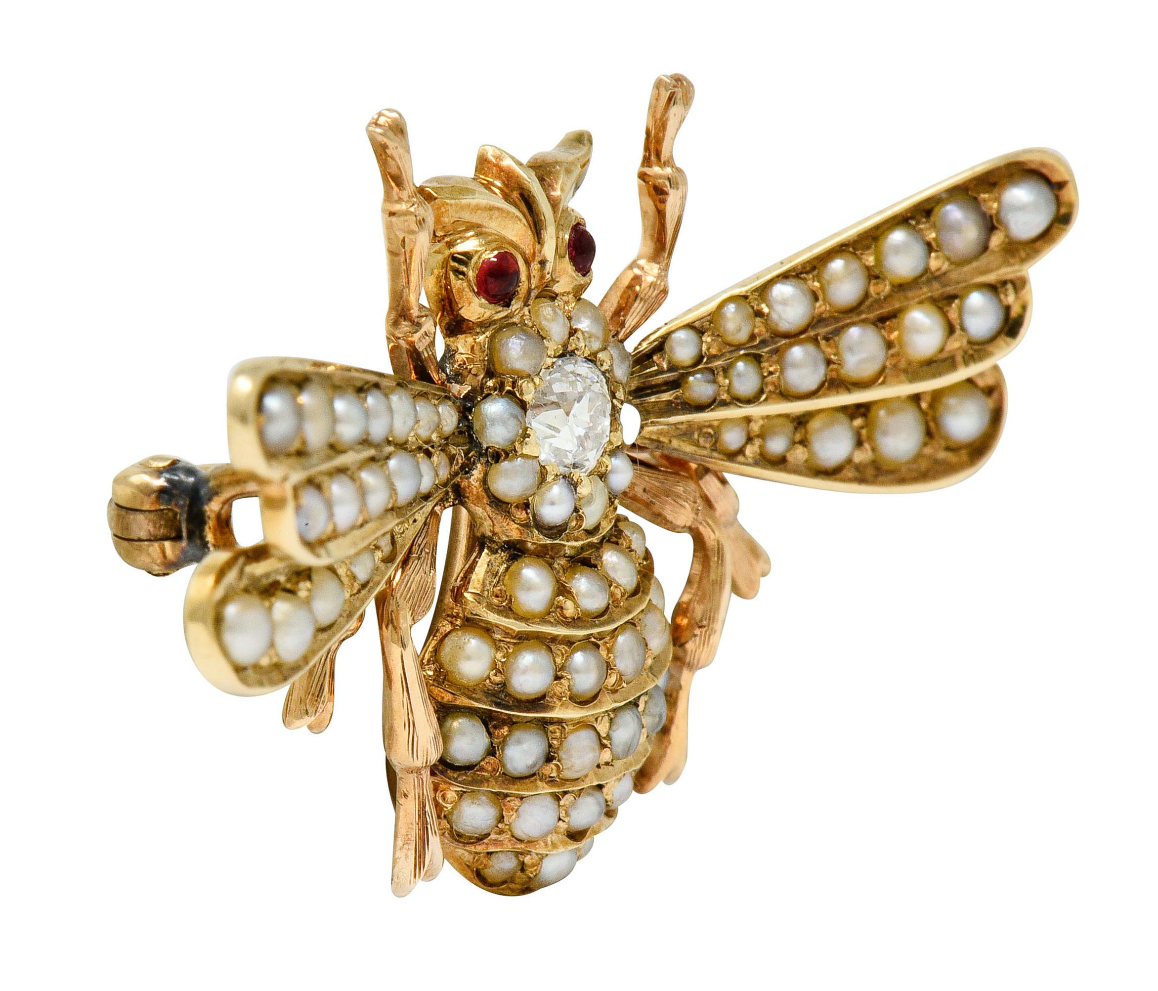 Old European Cut Victorian Diamond Natural Freshwater Pearl 14 Karat Gold Insect Brooch, 1890s
