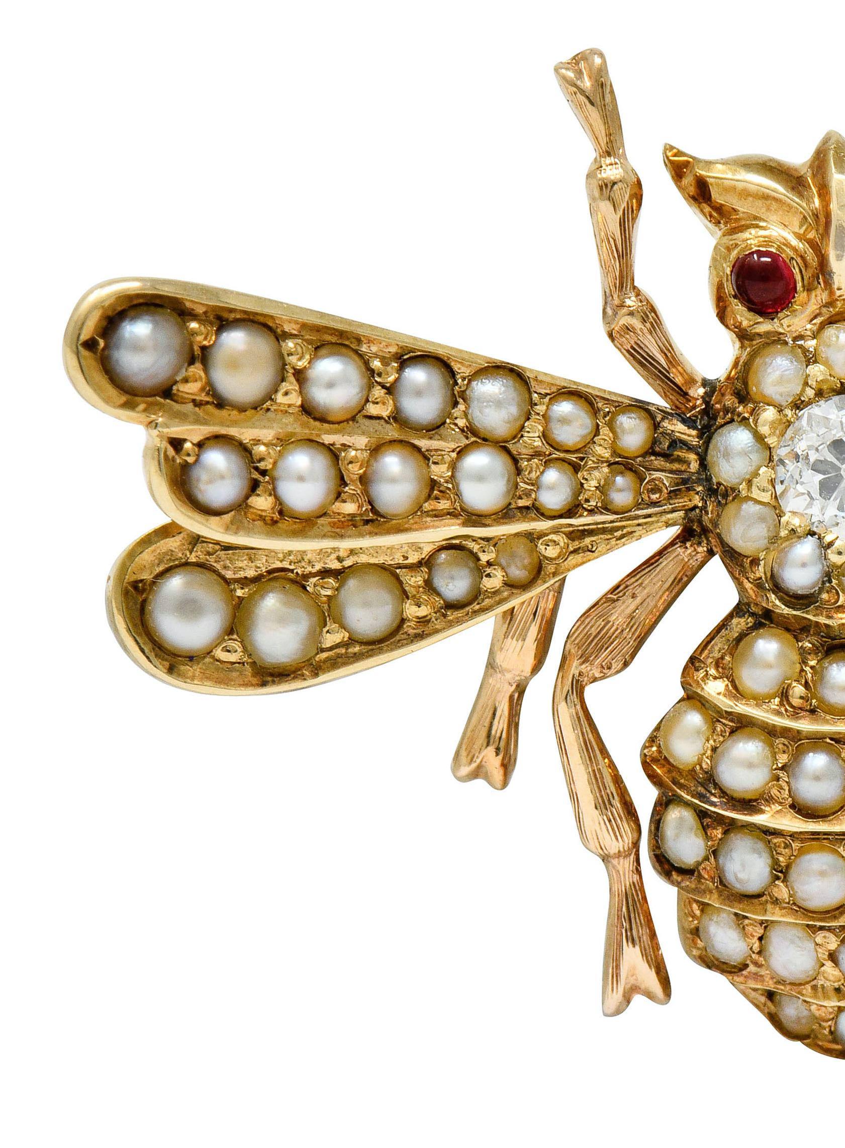 Victorian Diamond Natural Freshwater Pearl 14 Karat Gold Insect Brooch, 1890s In Excellent Condition In Philadelphia, PA