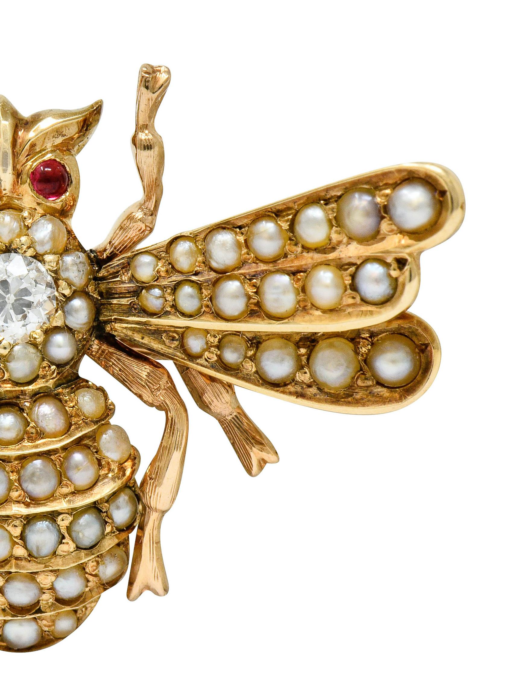 Women's or Men's Victorian Diamond Natural Freshwater Pearl 14 Karat Gold Insect Brooch, 1890s