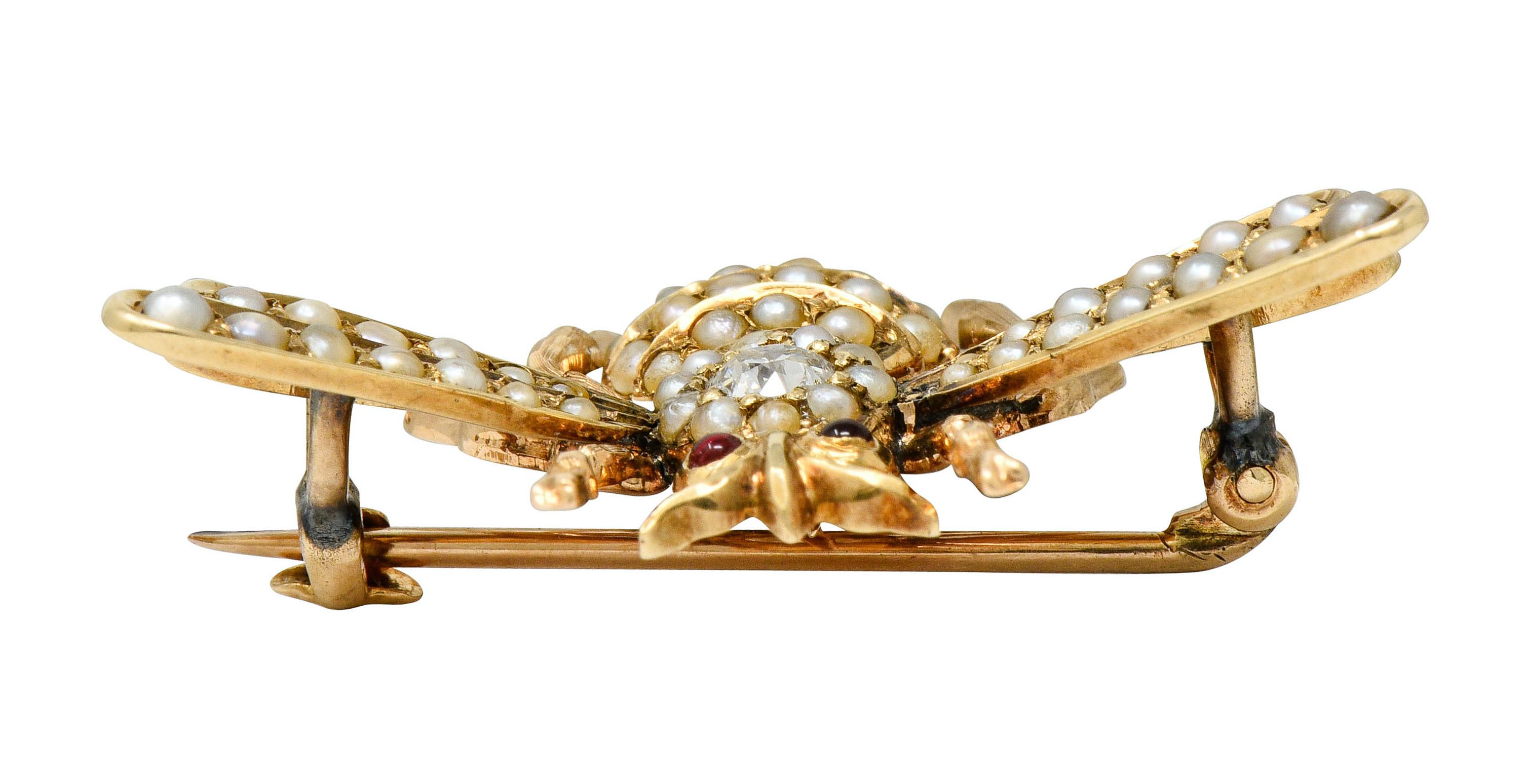 Victorian Diamond Natural Freshwater Pearl 14 Karat Gold Insect Brooch, 1890s 3
