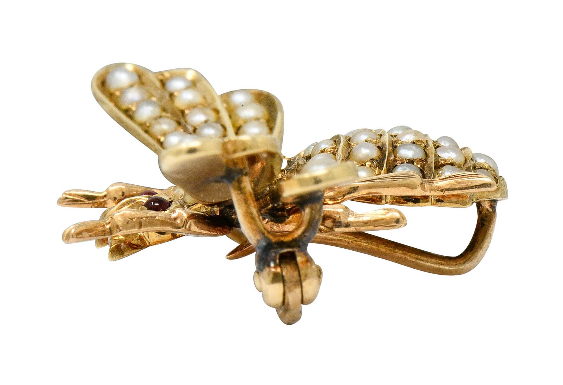 Victorian Diamond Natural Freshwater Pearl 14 Karat Gold Insect Brooch, 1890s 4