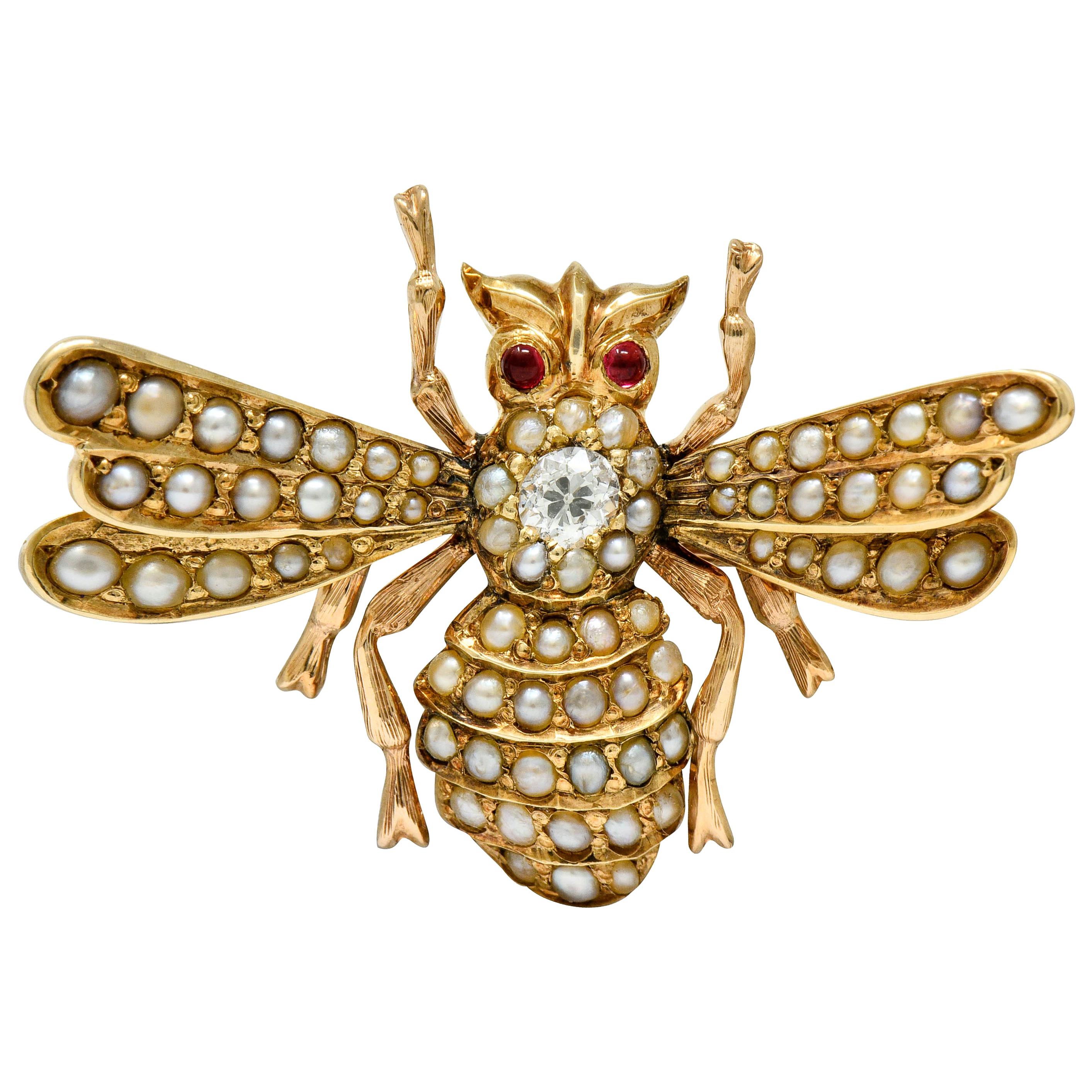 Victorian Diamond Natural Freshwater Pearl 14 Karat Gold Insect Brooch, 1890s
