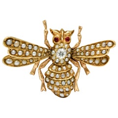 Victorian Diamond Natural Freshwater Pearl 14 Karat Gold Insect Brooch, 1890s