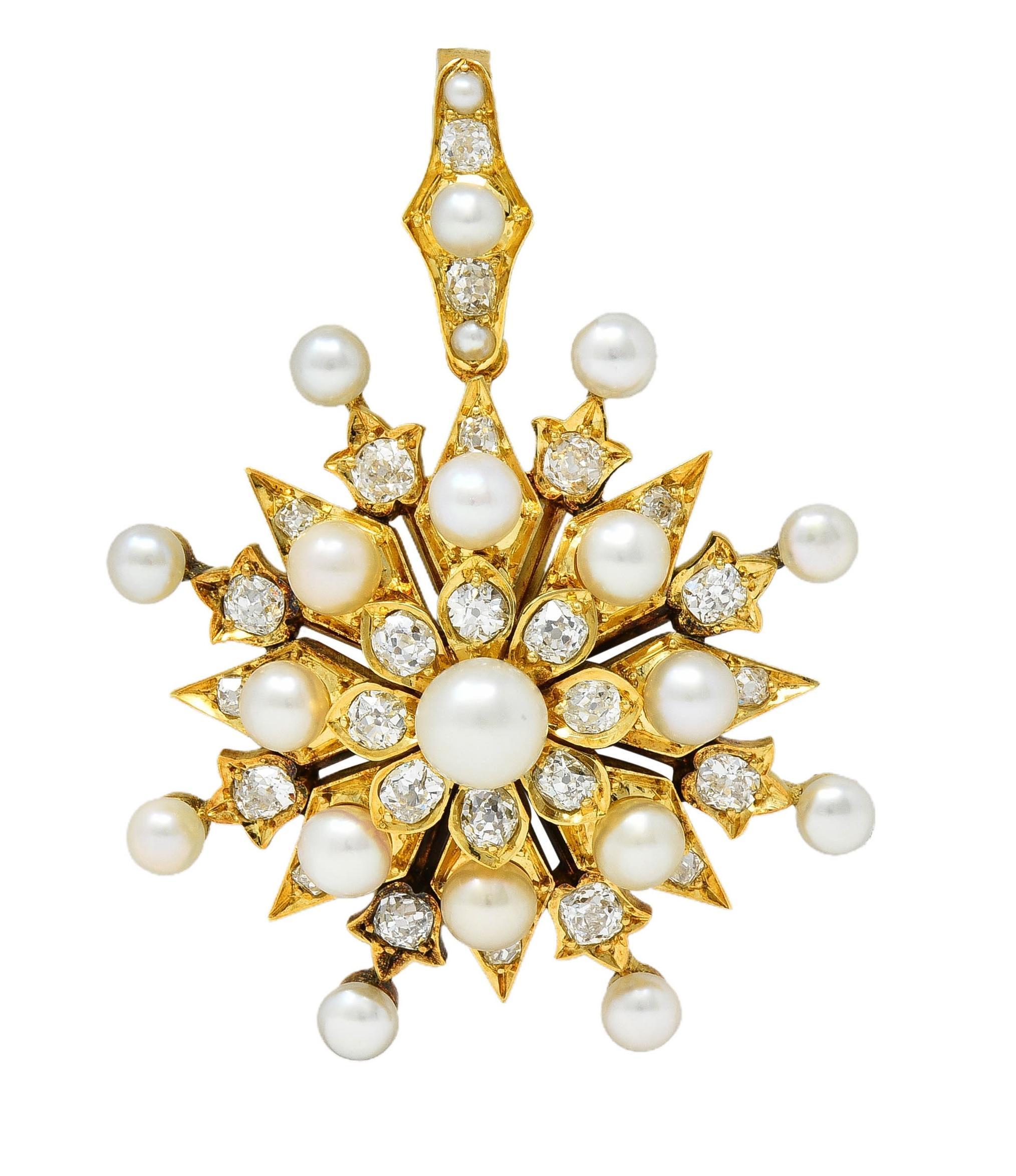 Bead Victorian Diamond Natural Pearl 18K Yellow Gold Antique Starburst Pendant For Sale