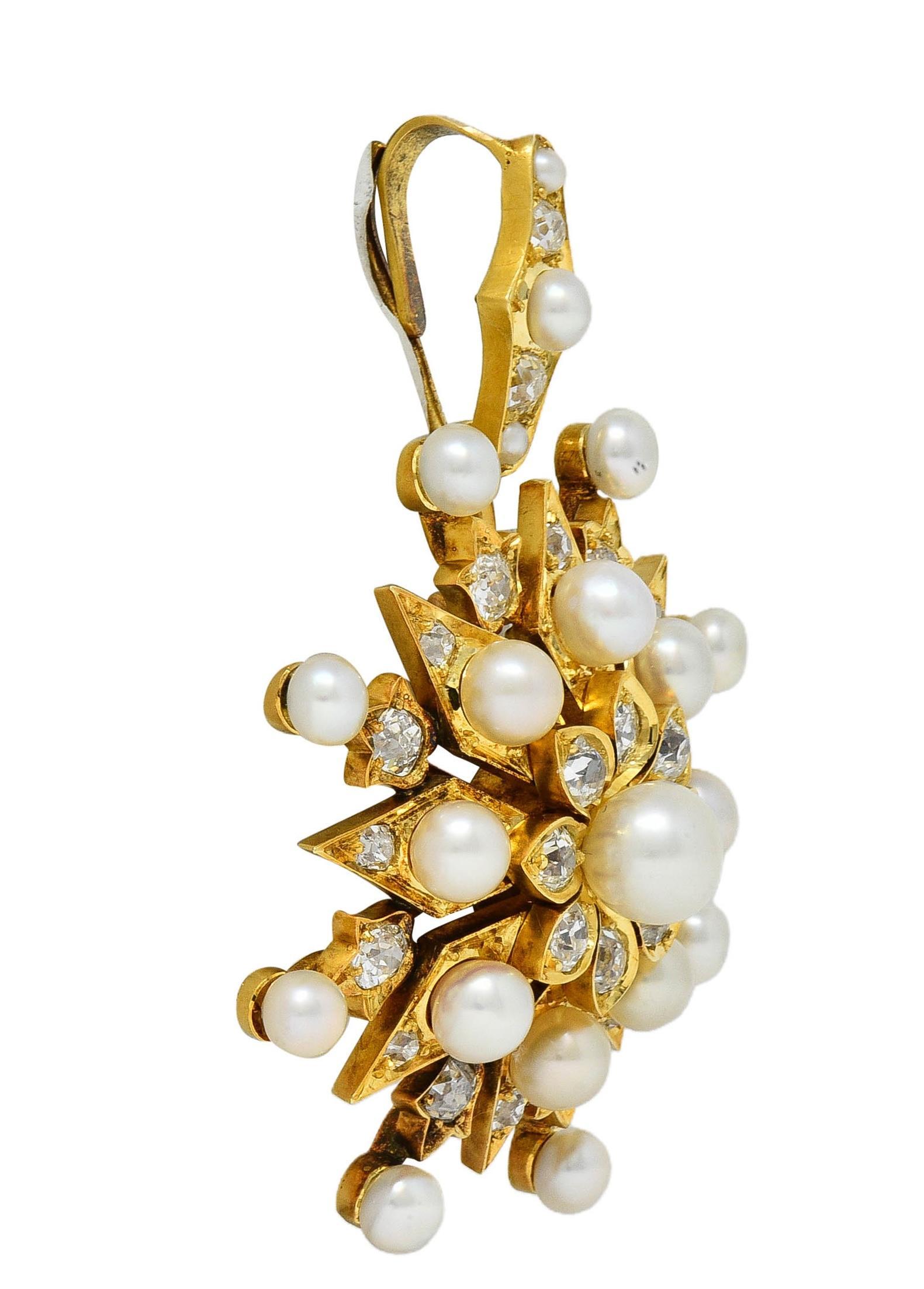 Victorian Diamond Natural Pearl 18K Yellow Gold Antique Starburst Pendant In Excellent Condition For Sale In Philadelphia, PA