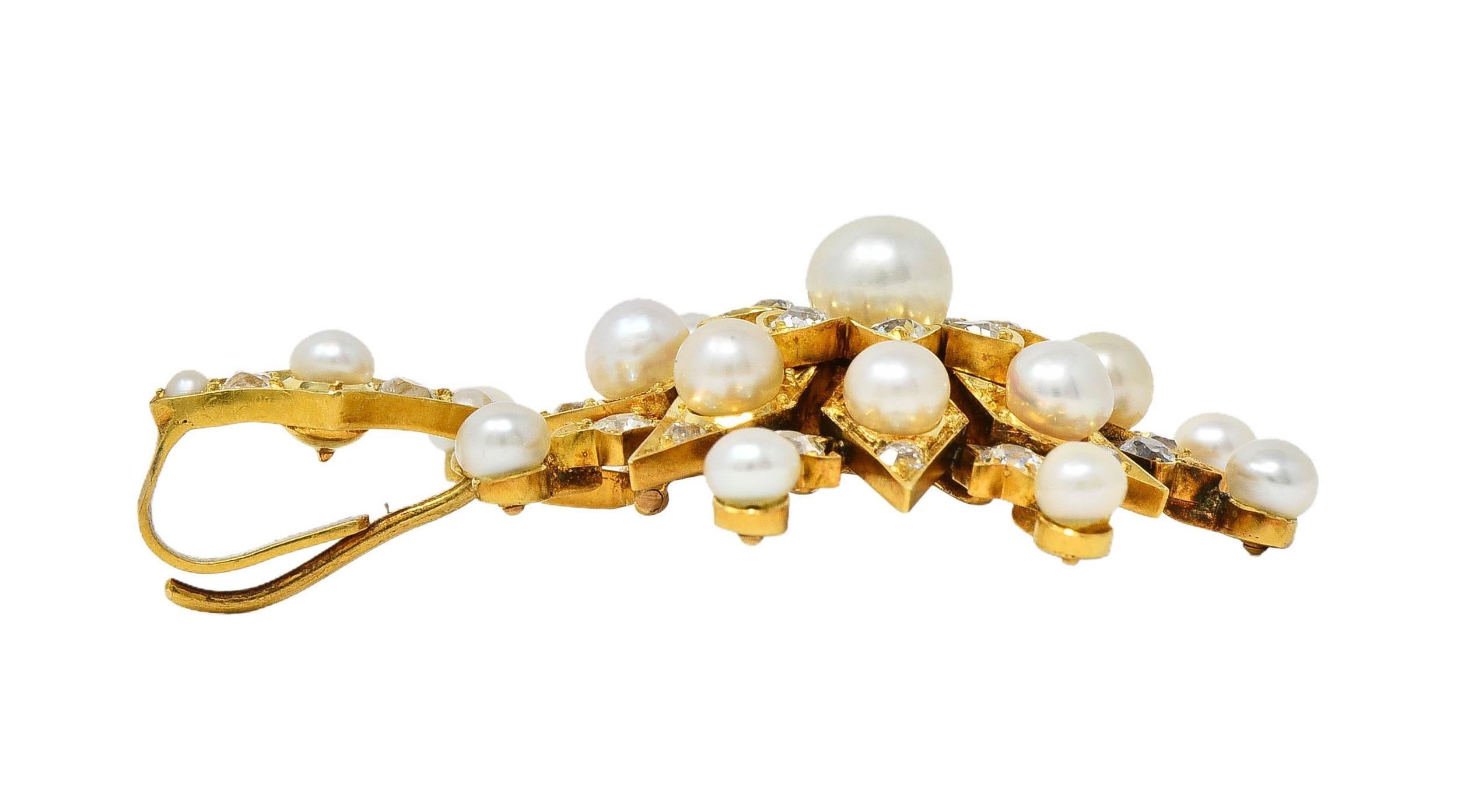 Women's or Men's Victorian Diamond Natural Pearl 18K Yellow Gold Antique Starburst Pendant For Sale