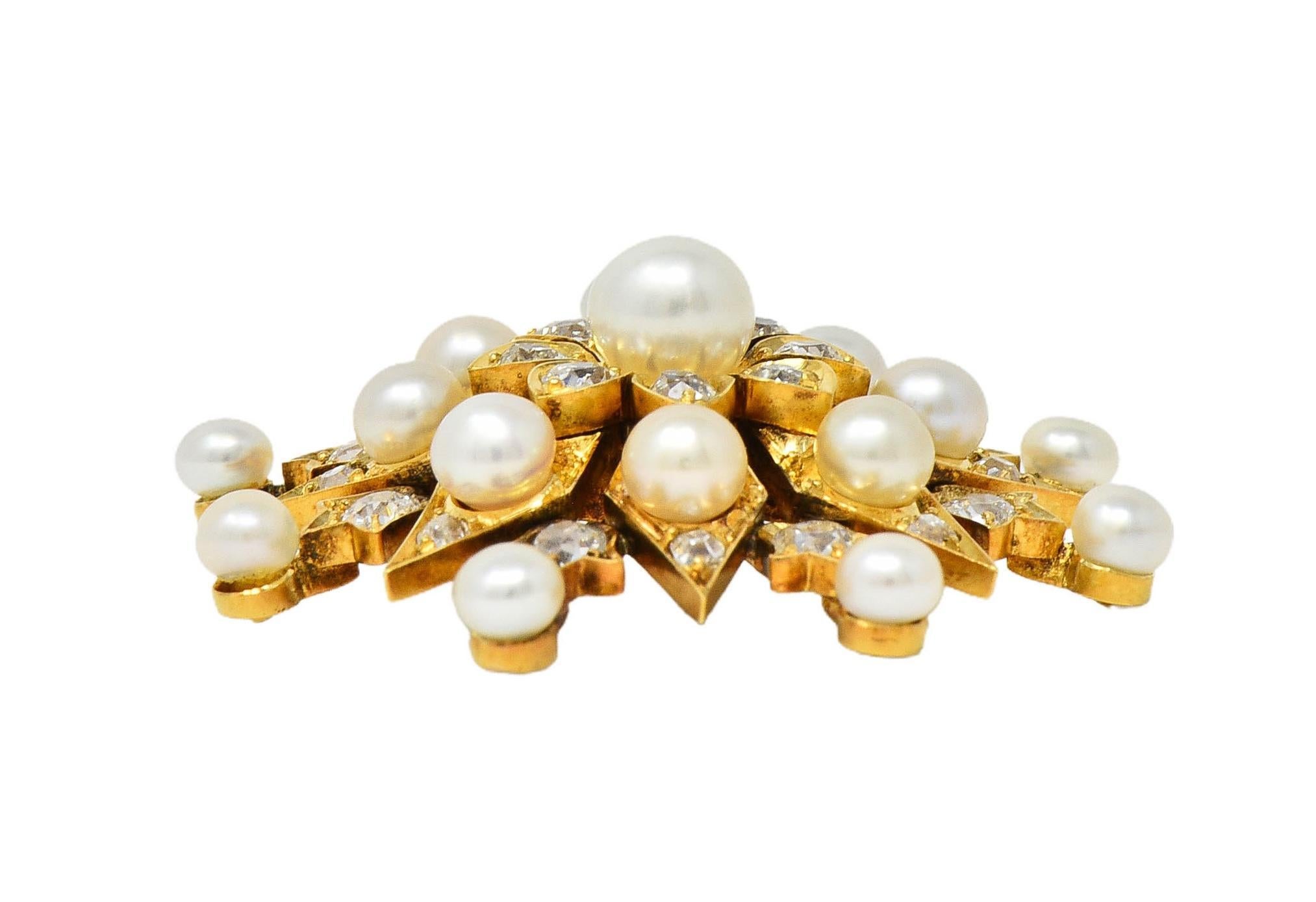 Victorian Diamond Natural Pearl 18K Yellow Gold Antique Starburst Pendant For Sale 1