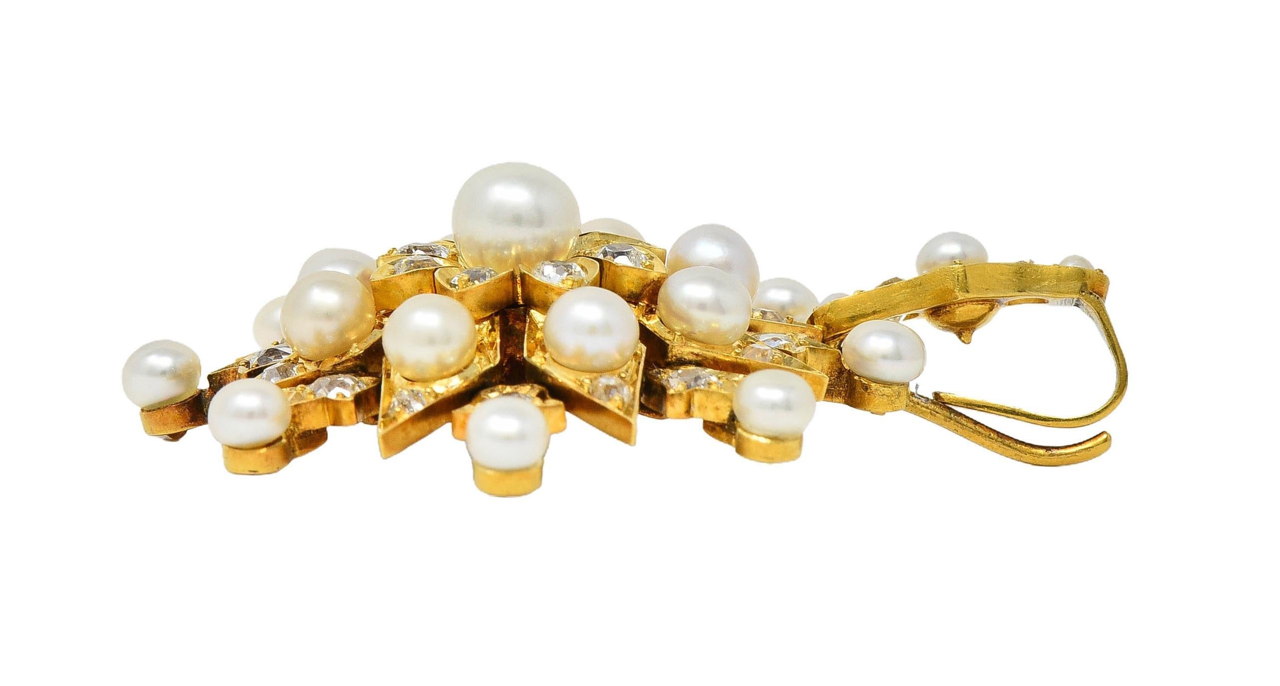 Victorian Diamond Natural Pearl 18K Yellow Gold Antique Starburst Pendant For Sale 2