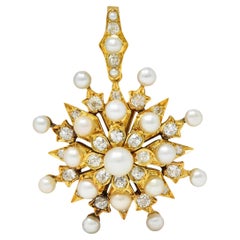Victorian Diamond Natural Pearl 18K Yellow Gold Antique Starburst Pendant