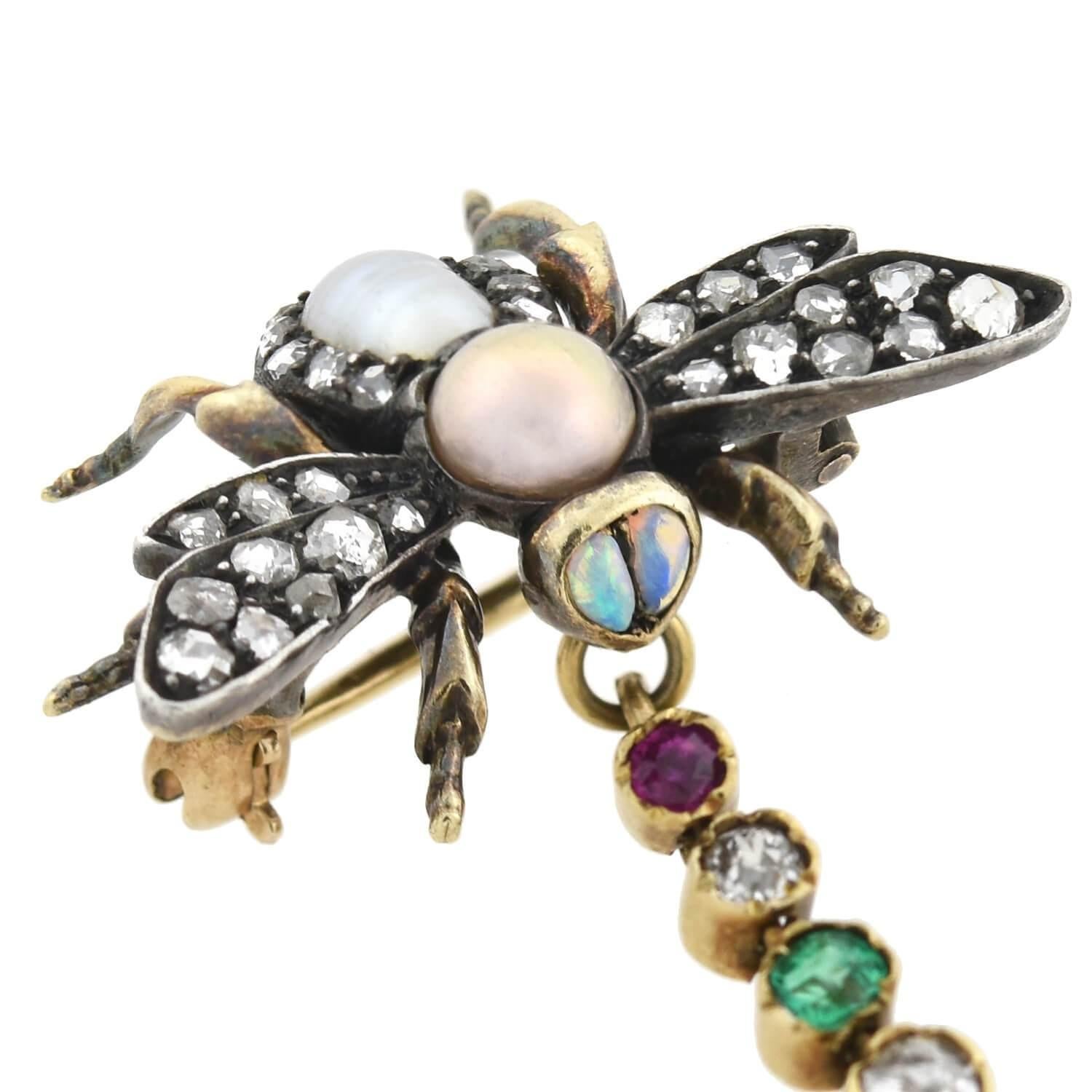 Women's or Men's Victorian Diamond, Natural Pearl, and Gemstone Insect Scatter Pin