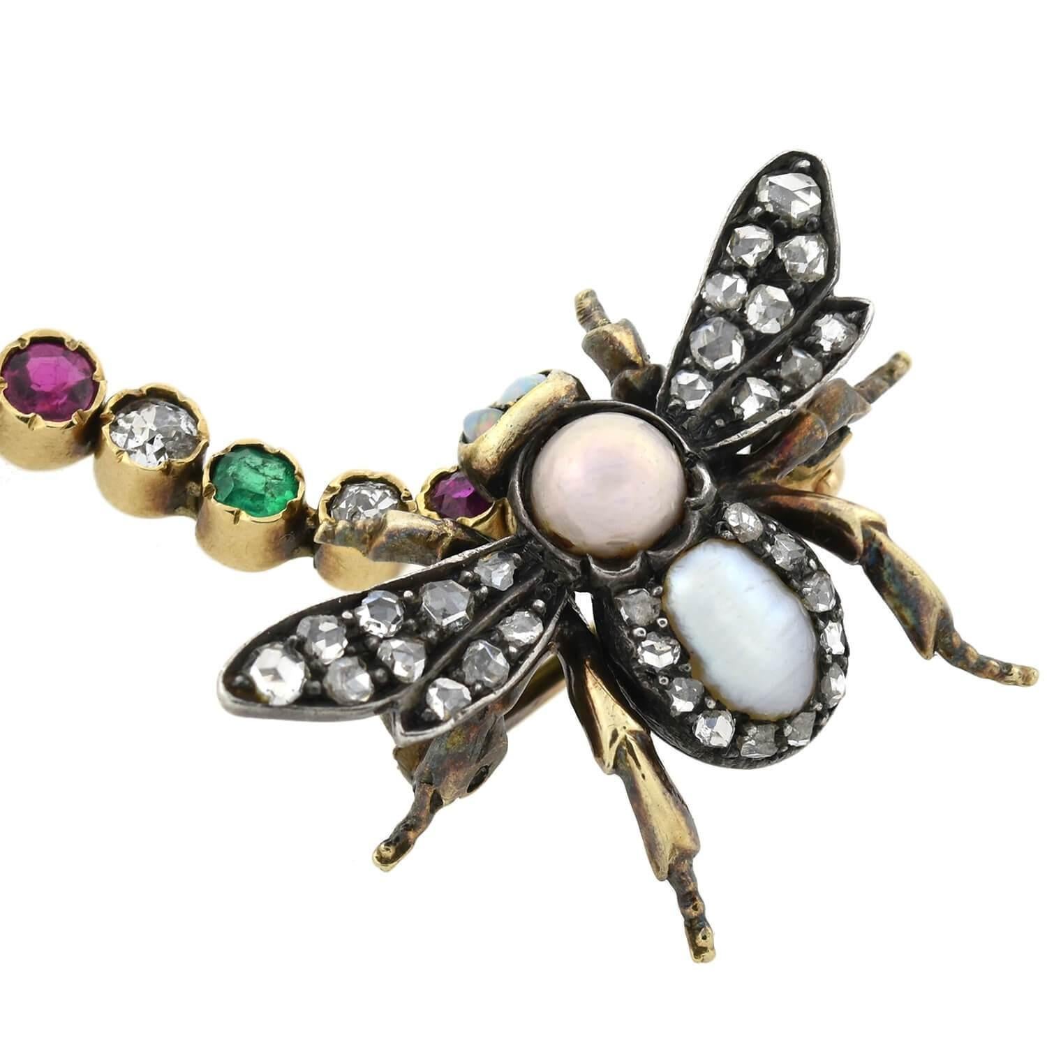 Victorian Diamond, Natural Pearl, and Gemstone Insect Scatter Pin 1
