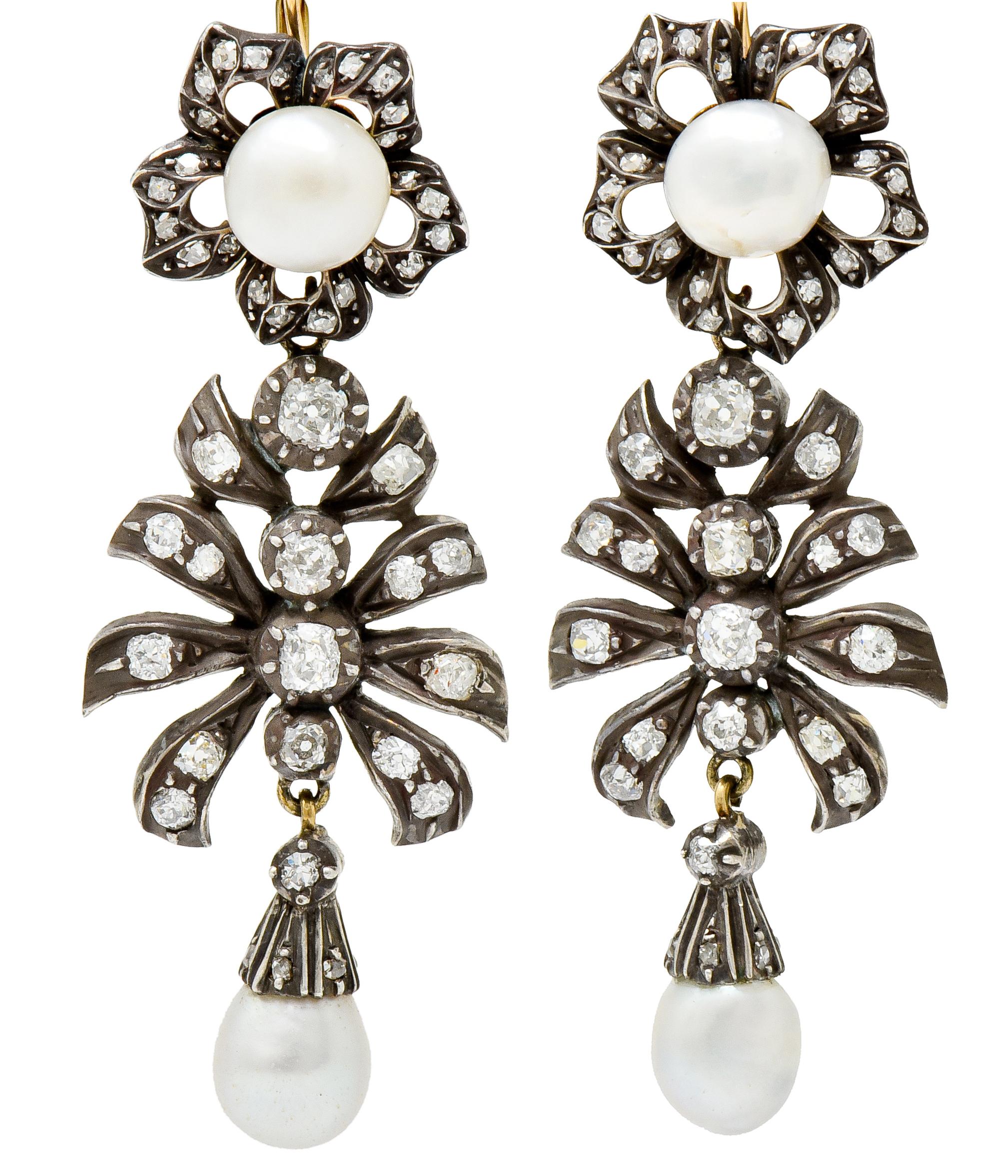 Women's or Men's Victorian Diamond Natural Pearl Gold Silver Floral Drop Earrings GIA, circa 1860