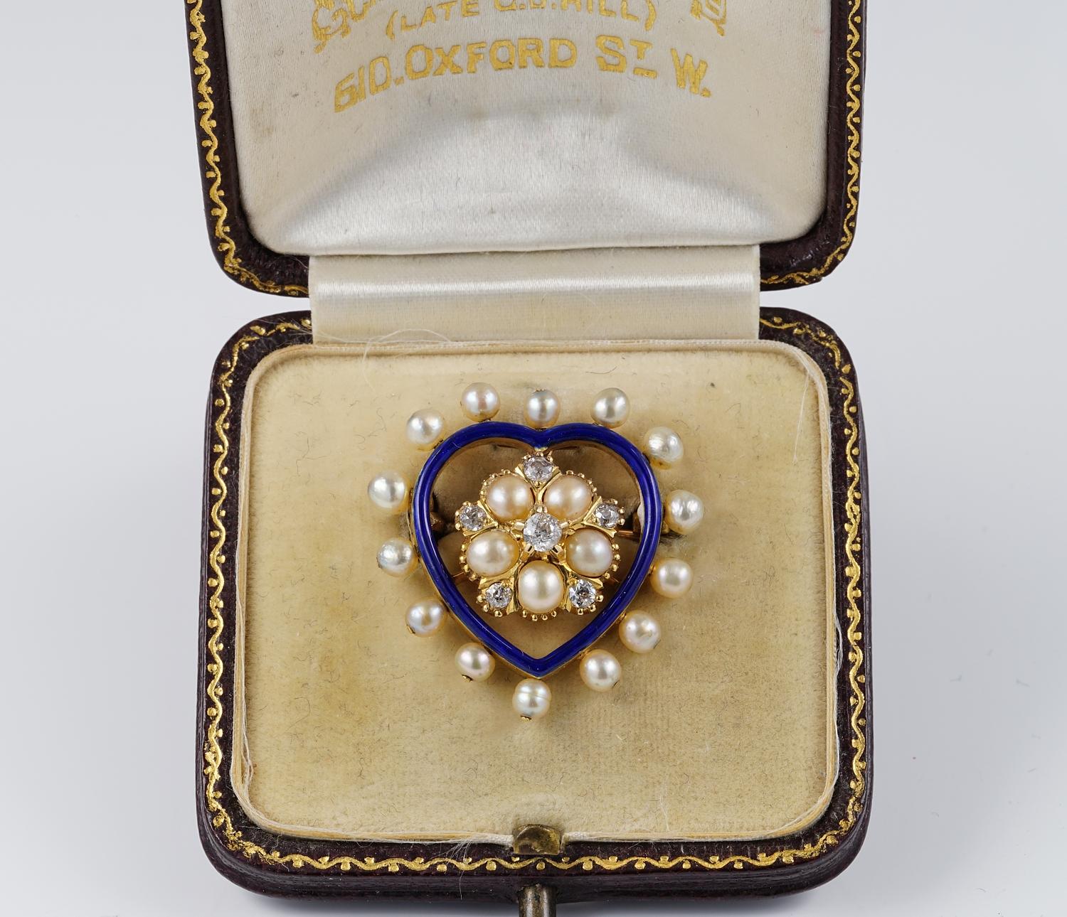 This sweet and rare heart pendant/ brooch is Victorian period, 1880 ca
expressing the romanticism tradition of the Victorian era, crafted of solid 18 KT gold
Set throughout with a combination  of Diamonds, natural Pearls  and gorgeous Royal Blue