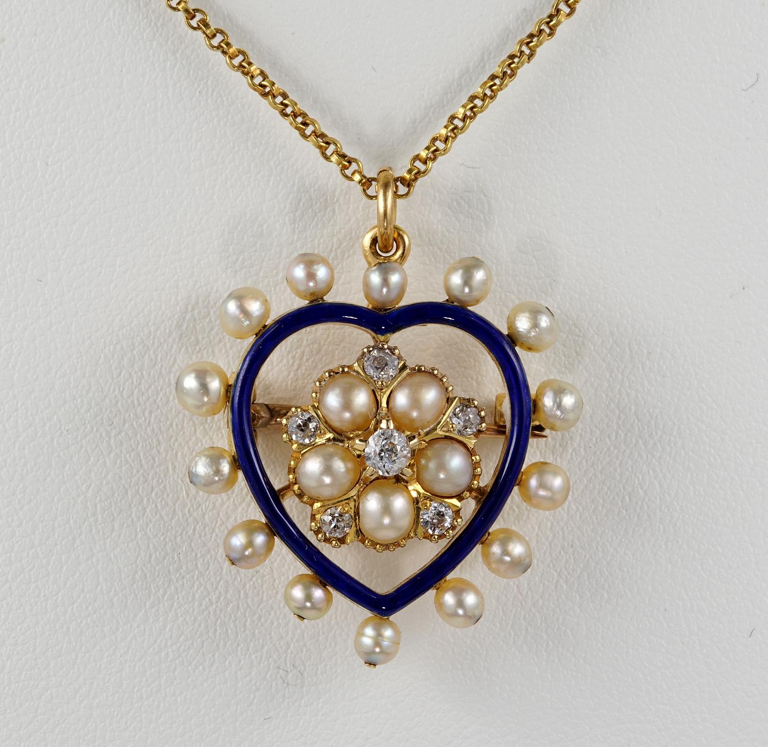 Old Mine Cut Victorian Diamond Natural Pearl Royal Blue 18 KT Heart Brooch/Pendant For Sale