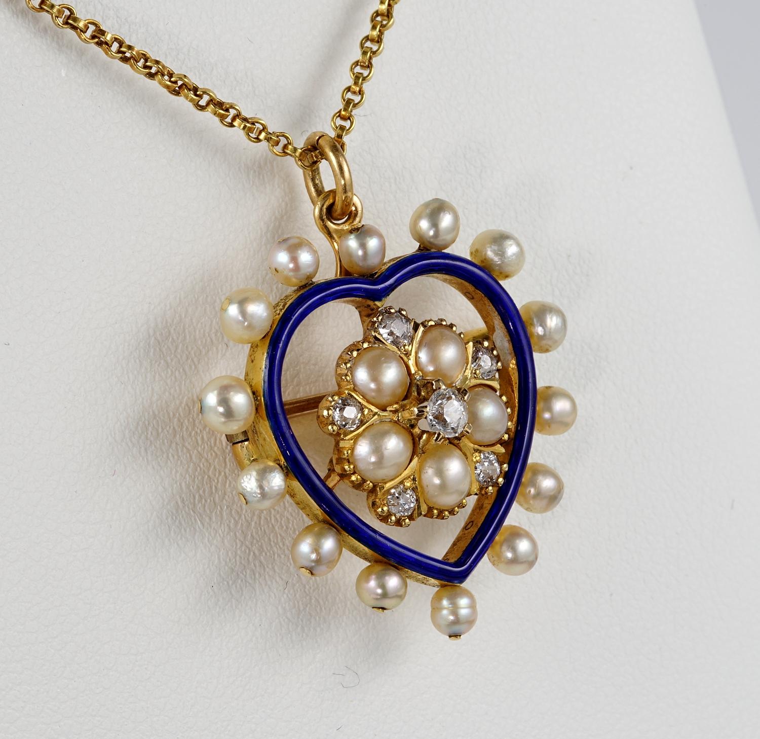 Women's or Men's Victorian Diamond Natural Pearl Royal Blue 18 KT Heart Brooch/Pendant For Sale