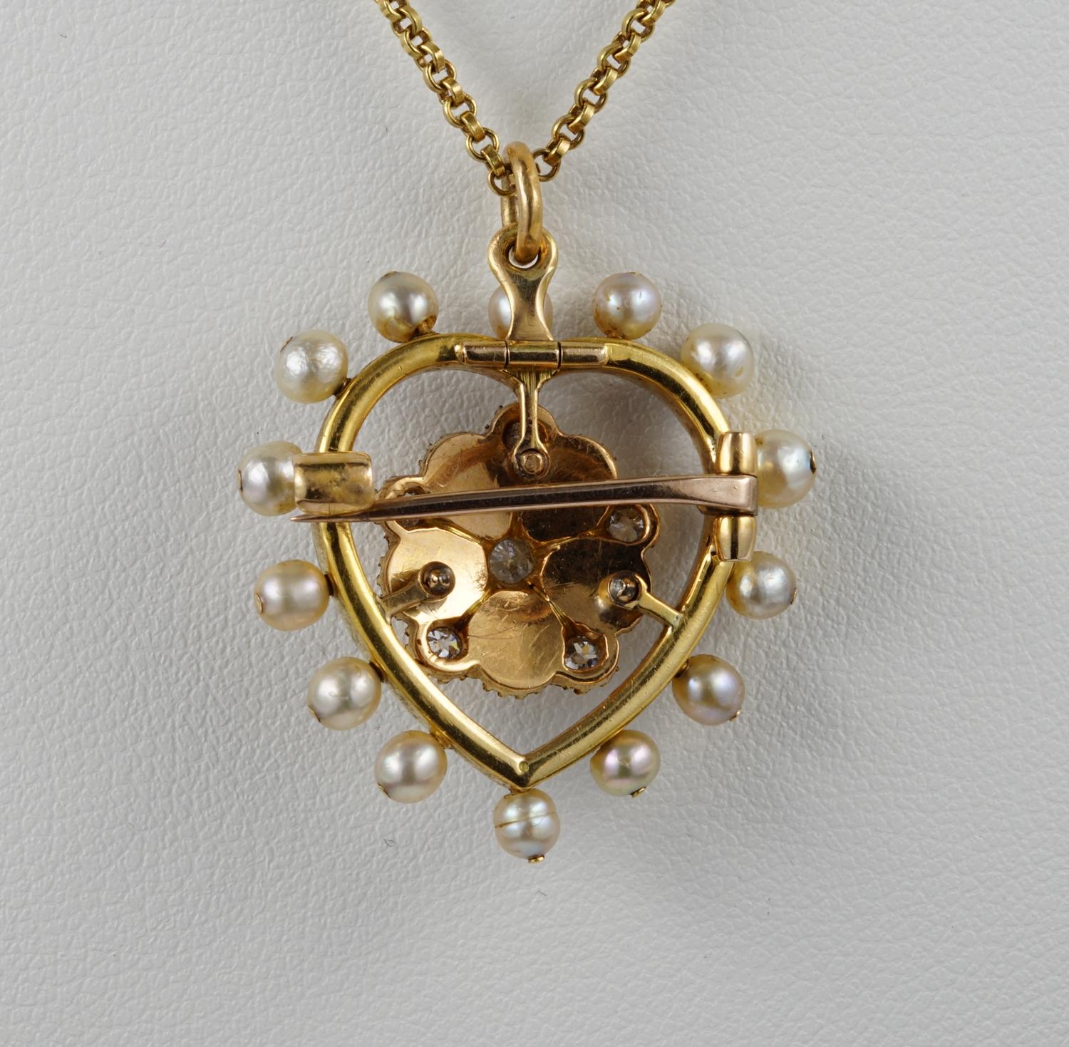 Broche/pendentif victorien en forme de cœur en perle naturelle bleu royal 18 carats avec diamants en vente 2