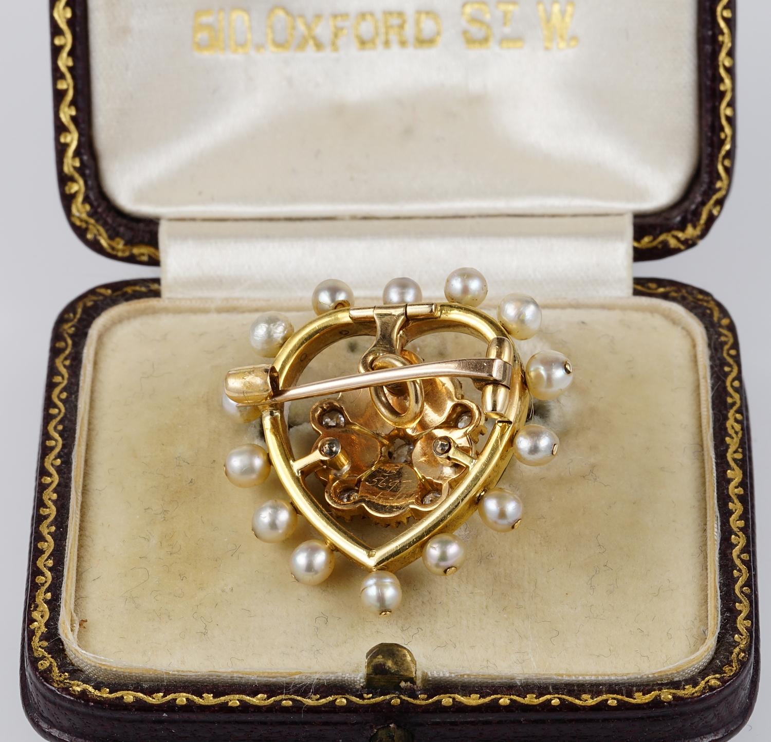 Broche/pendentif victorien en forme de cœur en perle naturelle bleu royal 18 carats avec diamants en vente 3