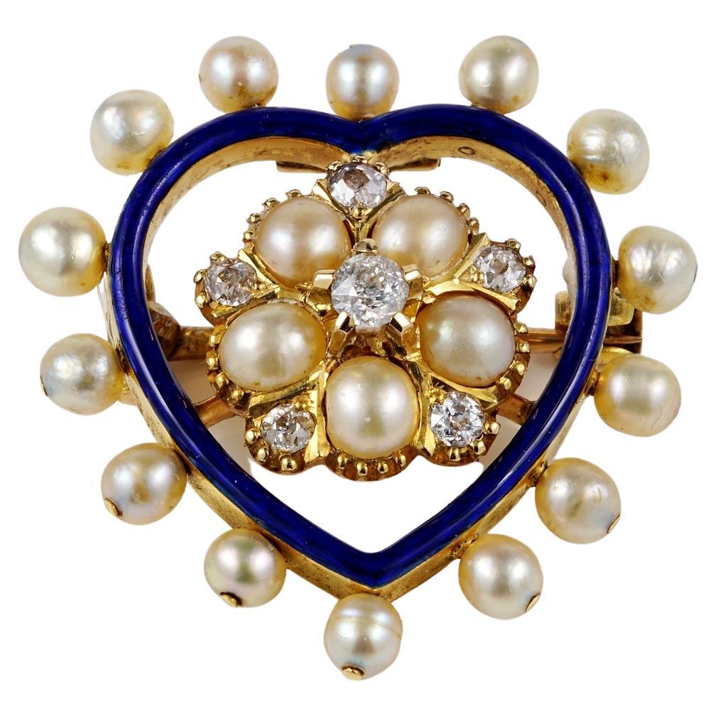 Victorian Diamond Natural Pearl Royal Blue 18 KT Heart Brooch/Pendant For Sale