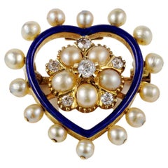 Victorian Diamond Natural Pearl Royal Blue 18 KT Heart Brooch/Pendant