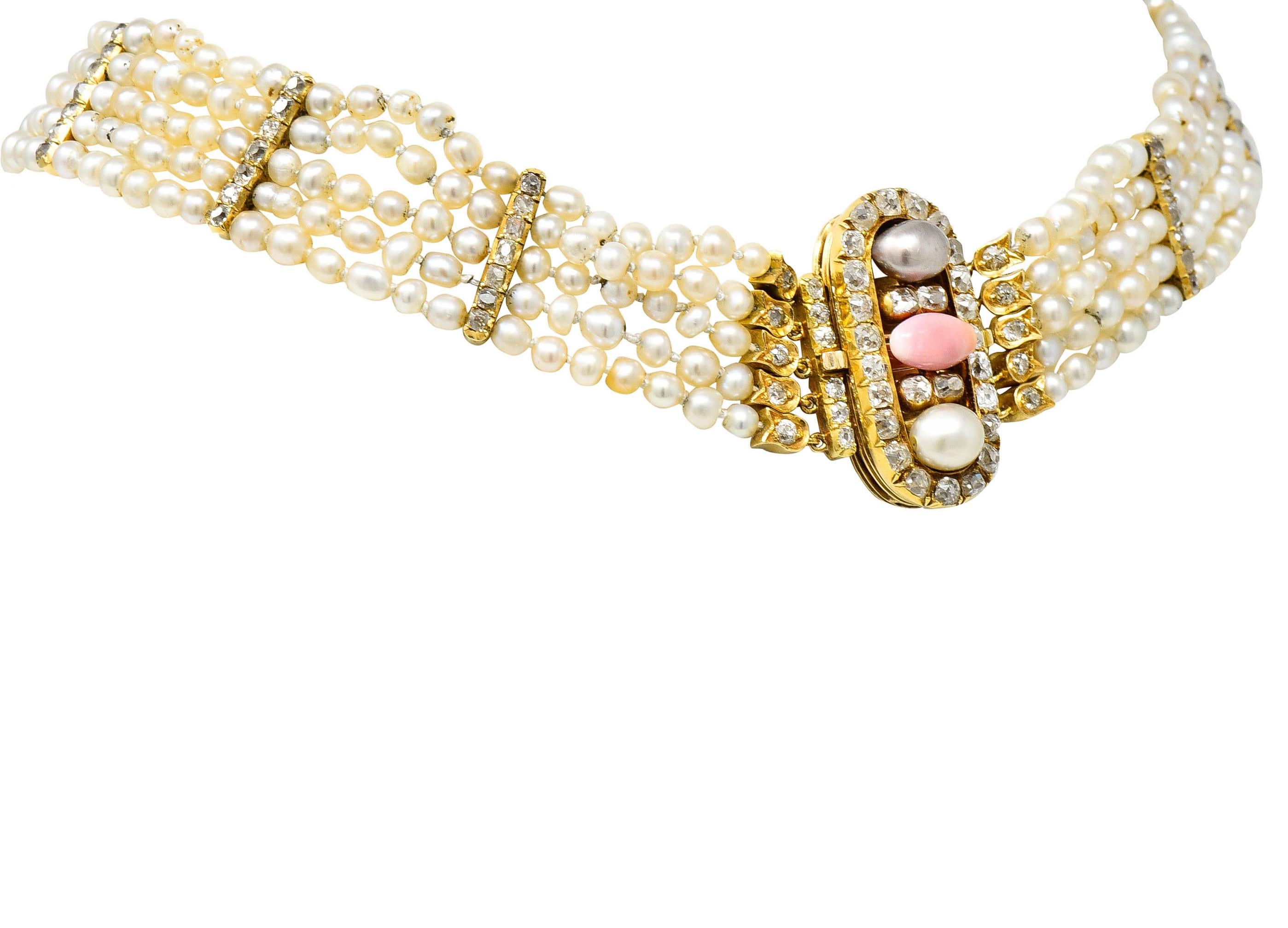 Rose Cut Victorian Diamond Natural Pink Conch Saltwater Pearl 18 Karat Gold Necklace