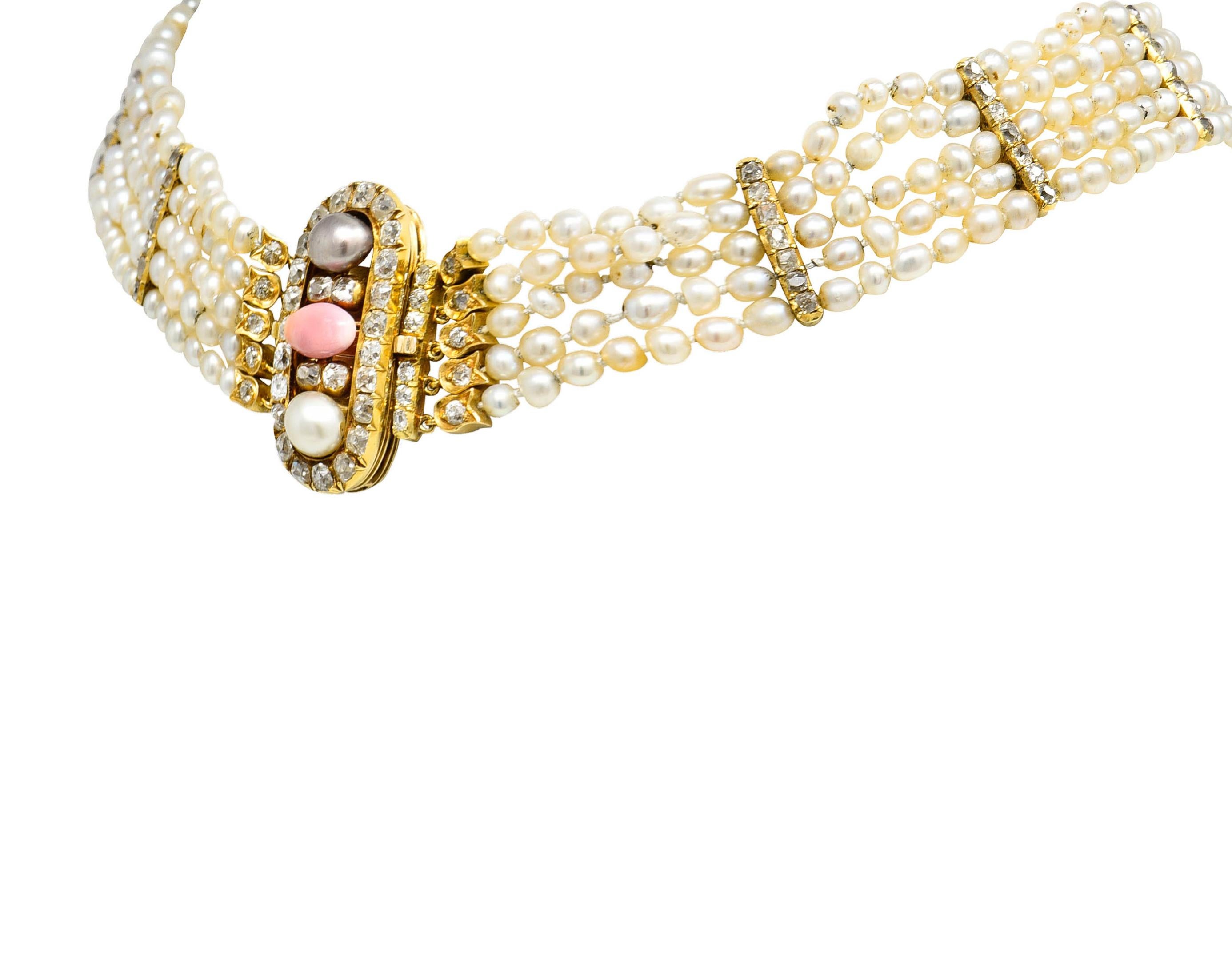 Women's or Men's Victorian Diamond Natural Pink Conch Saltwater Pearl 18 Karat Gold Necklace