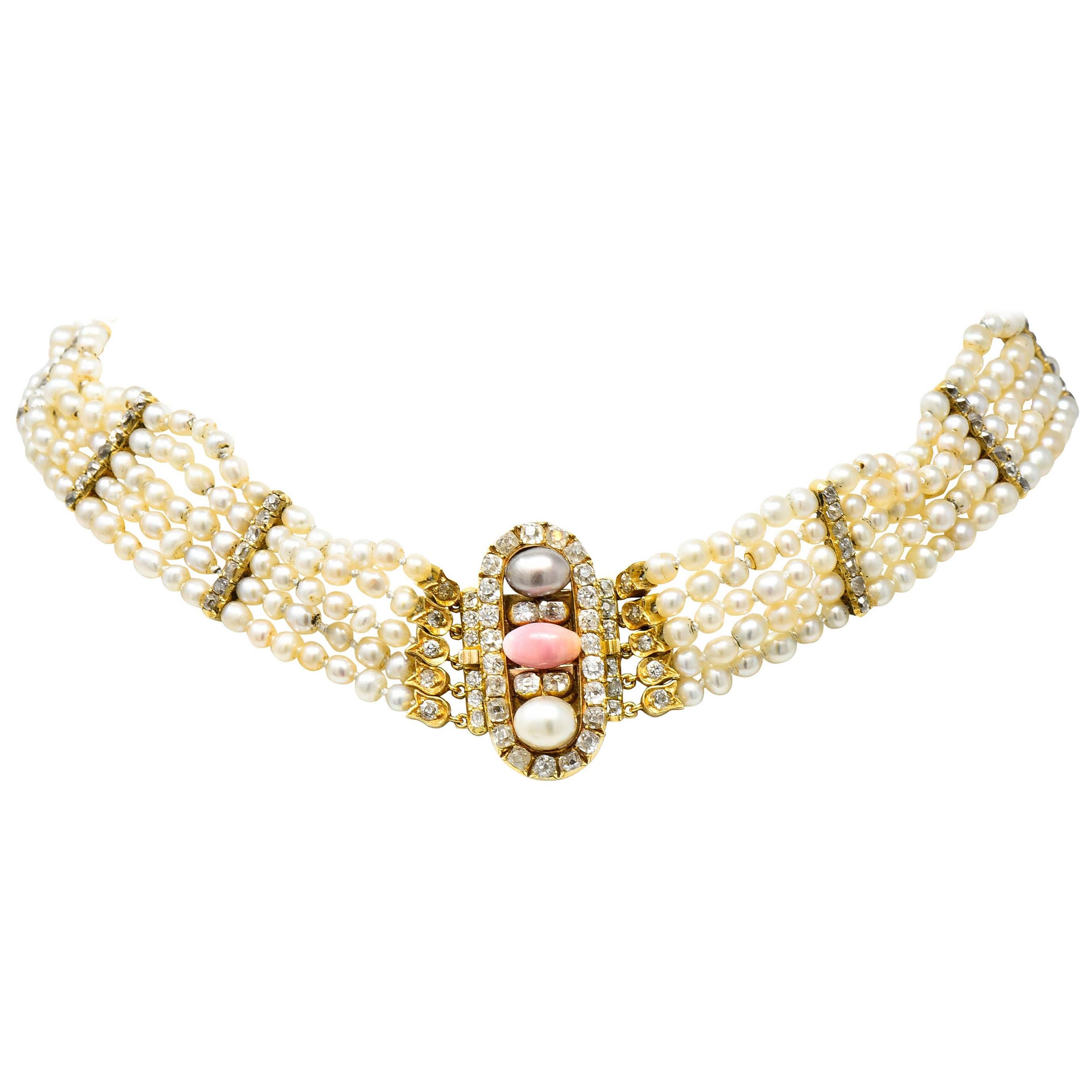Victorian Diamond Natural Pink Conch Saltwater Pearl 18 Karat Gold Necklace