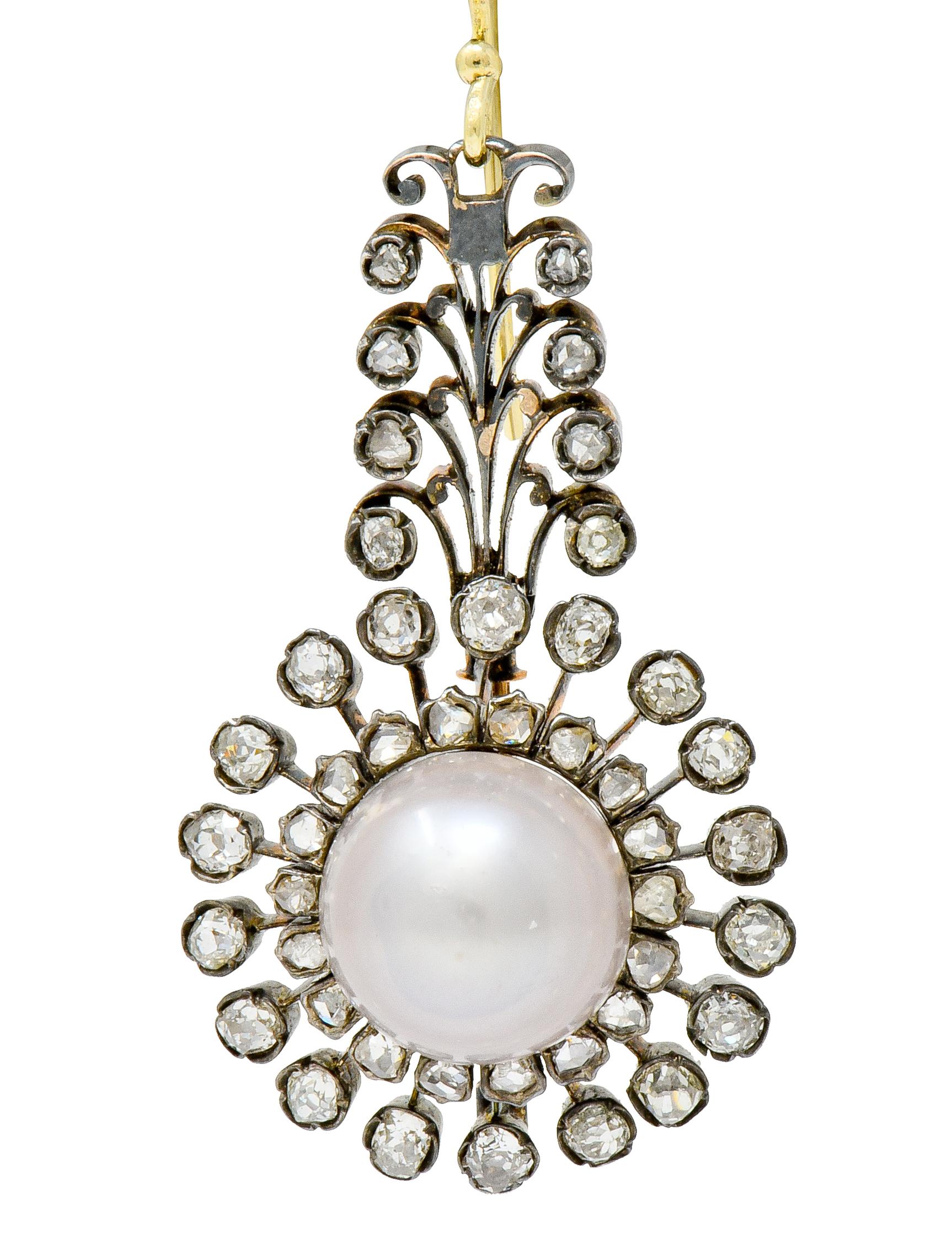 Women's or Men's Victorian Diamond Natural Saltwater Pearl Gold Silver-Top Foliate Drop Earrings