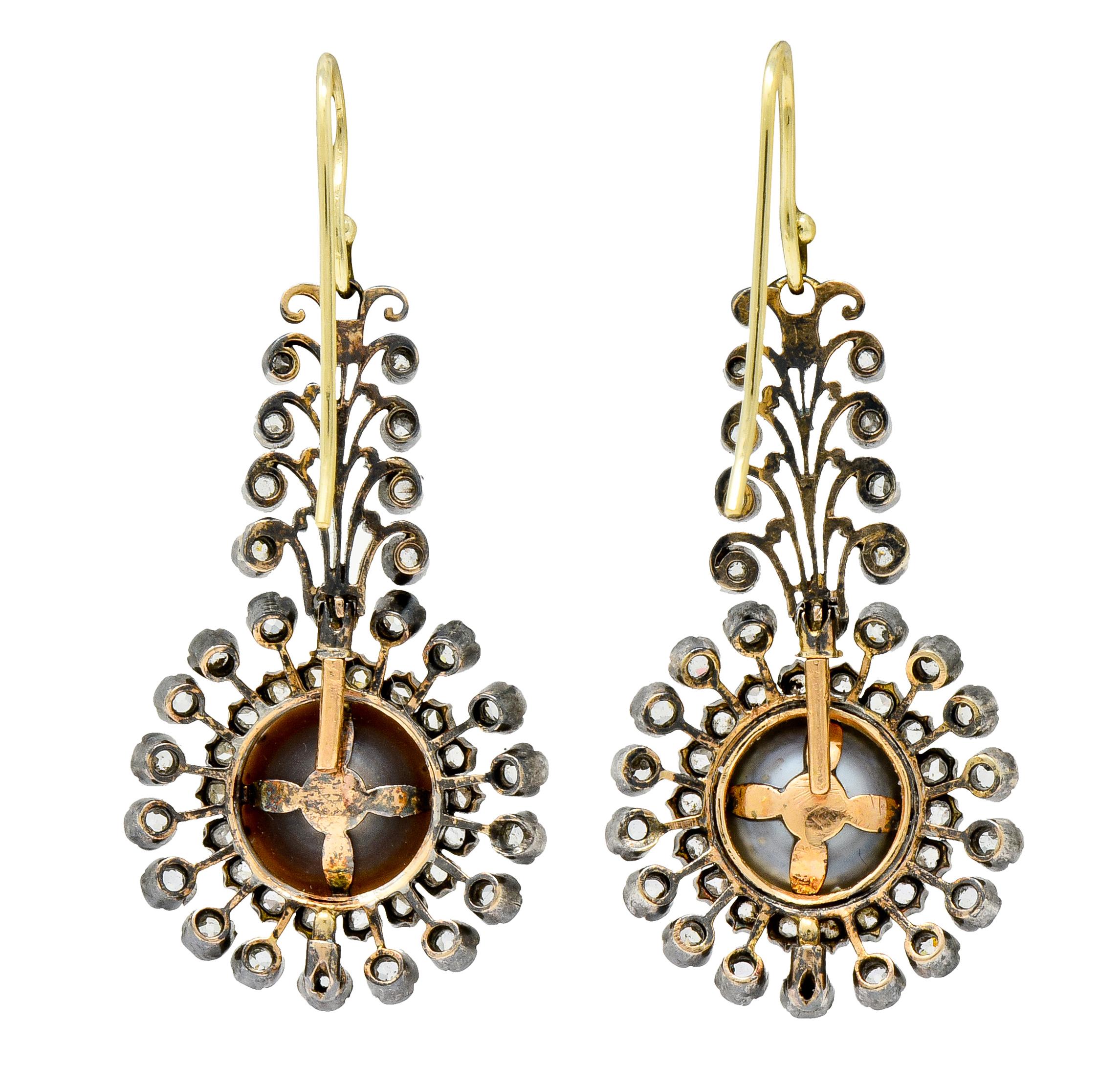 Victorian Diamond Natural Saltwater Pearl Gold Silver-Top Foliate Drop Earrings 1