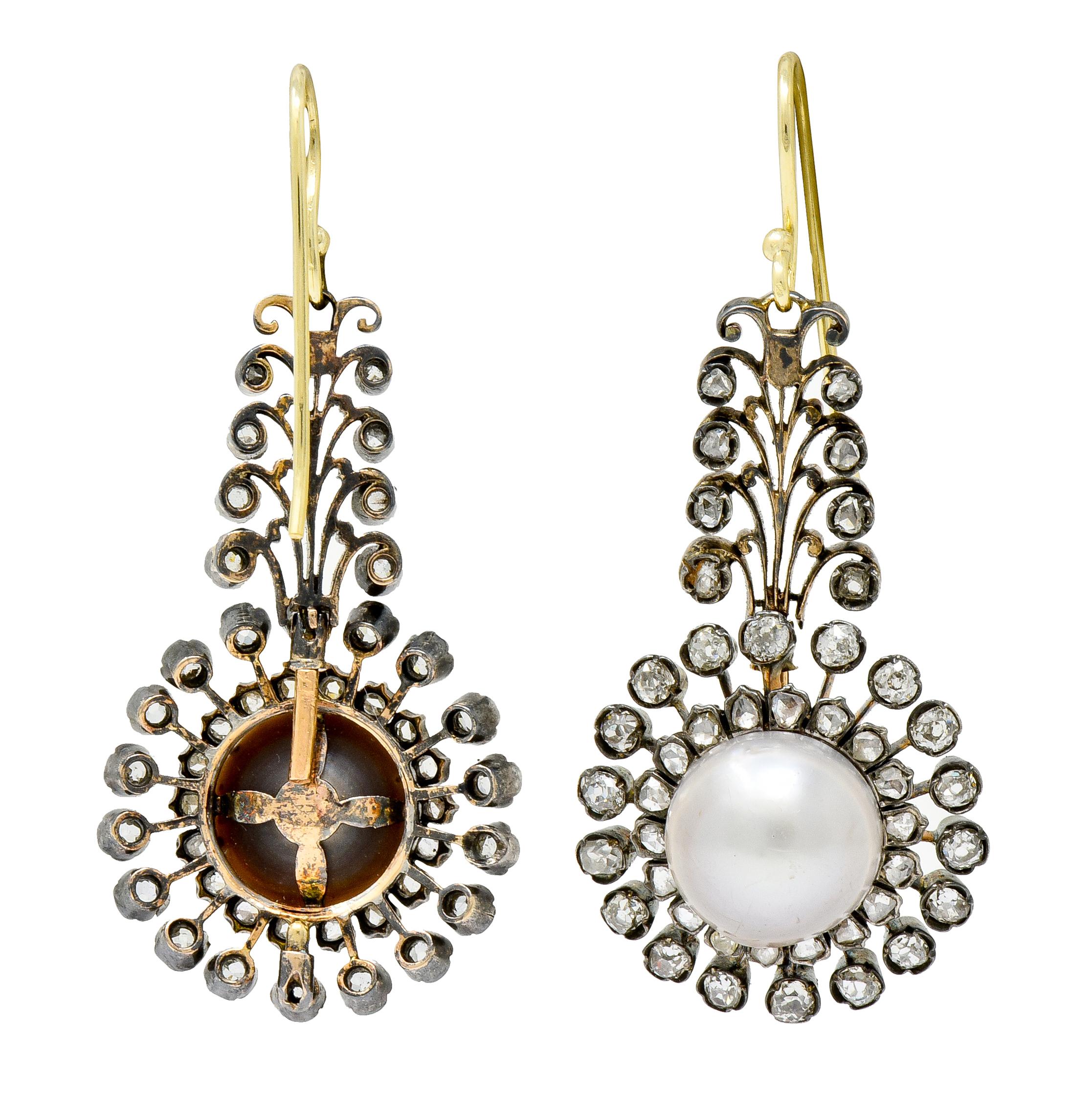 Victorian Diamond Natural Saltwater Pearl Gold Silver-Top Foliate Drop Earrings 3