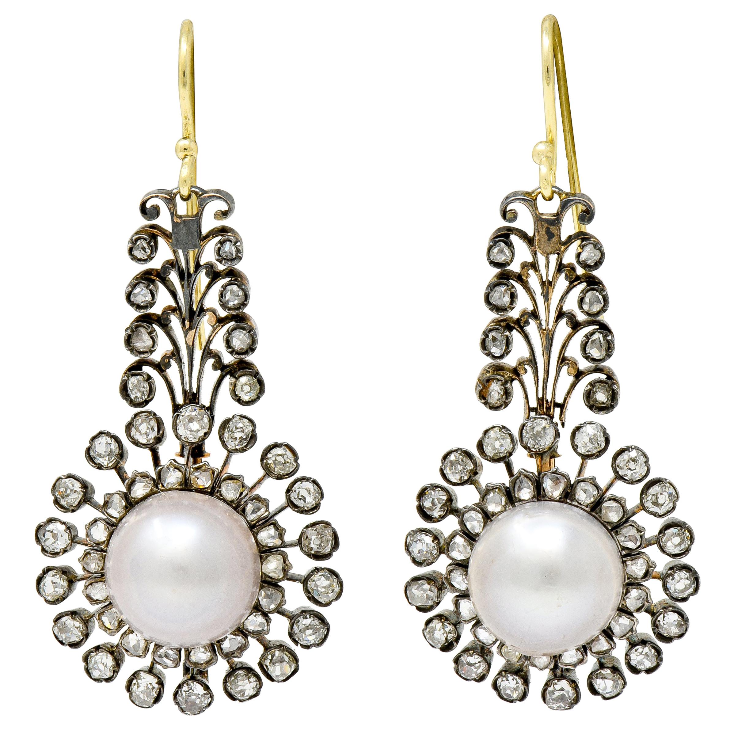 Victorian Diamond Natural Saltwater Pearl Gold Silver-Top Foliate Drop Earrings