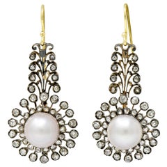 Victorian Diamond Natural Saltwater Pearl Gold Silver-Top Foliate Drop Earrings