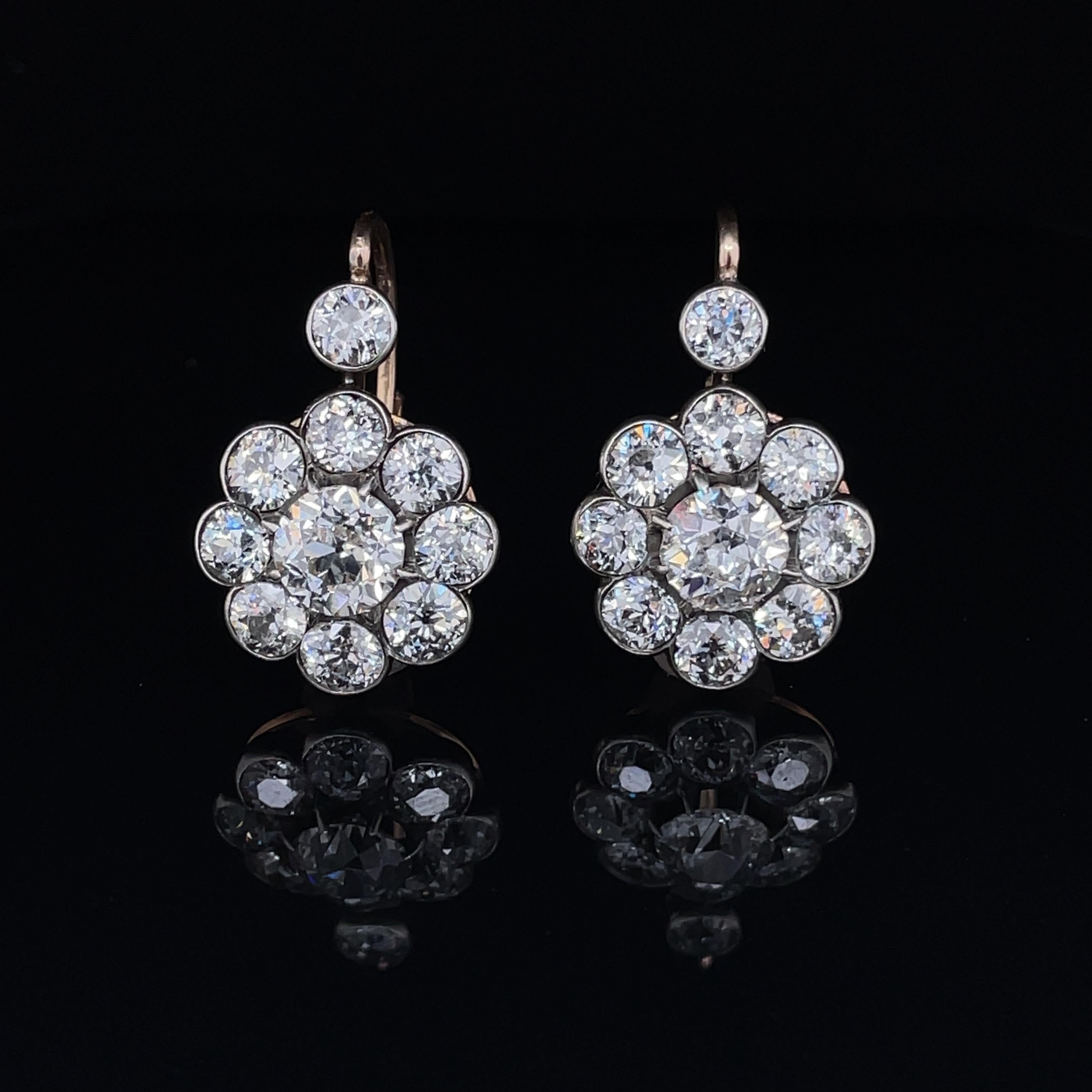 Viktorianische Altschliff-Diamant-Ohrringe:: ca. 1890

Ein sehr elegantes Paar Altschliff-Diamant-Ohrringe:: in deren Mitte sich Altschliff-Diamanten von je ca. 0::7 Karat befinden und die von einer Gruppe von Altschliff-Diamanten von ca. 3::5 Karat