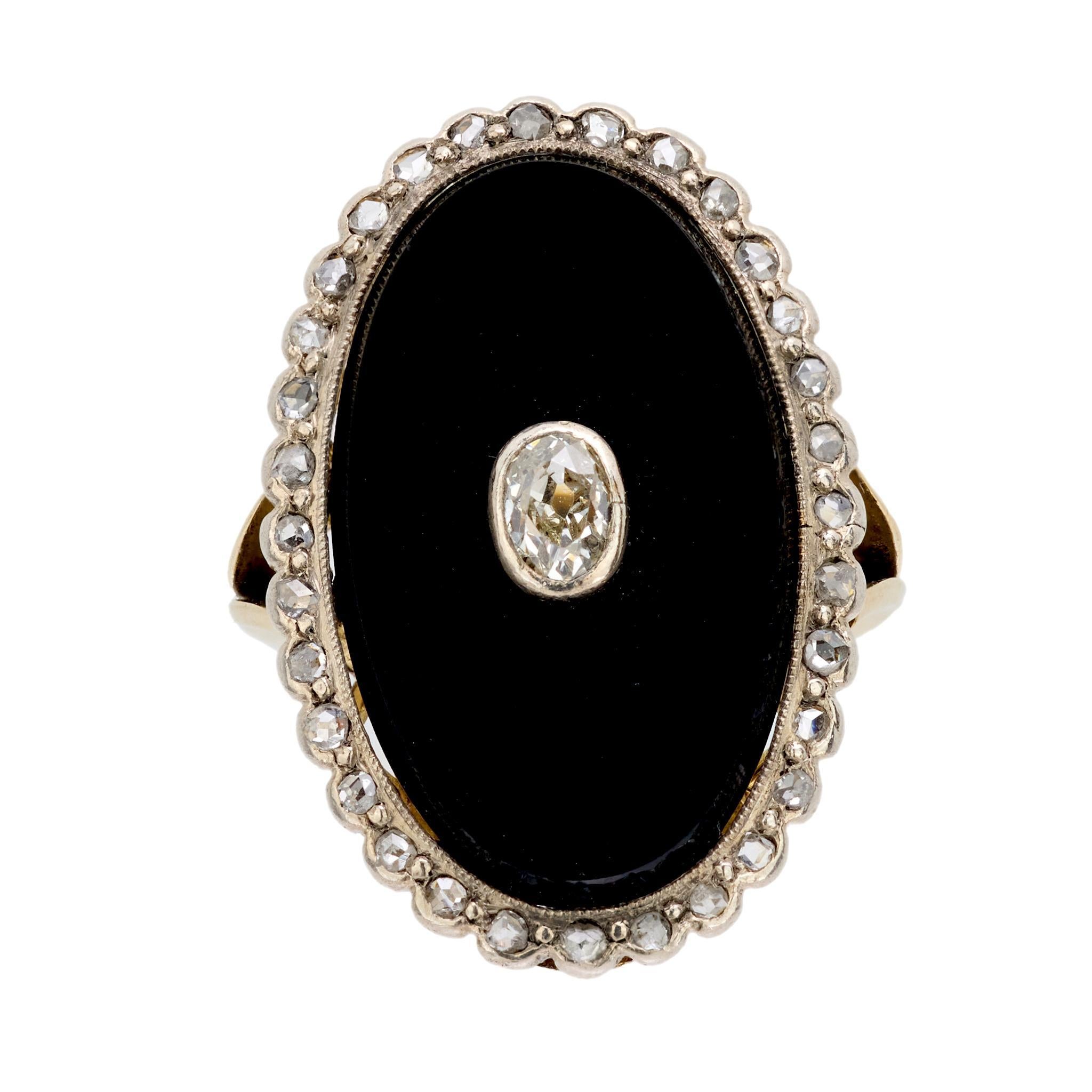 Old Mine Cut Victorian diamond onyx 18k yellow gold and silver cocktail ring For Sale