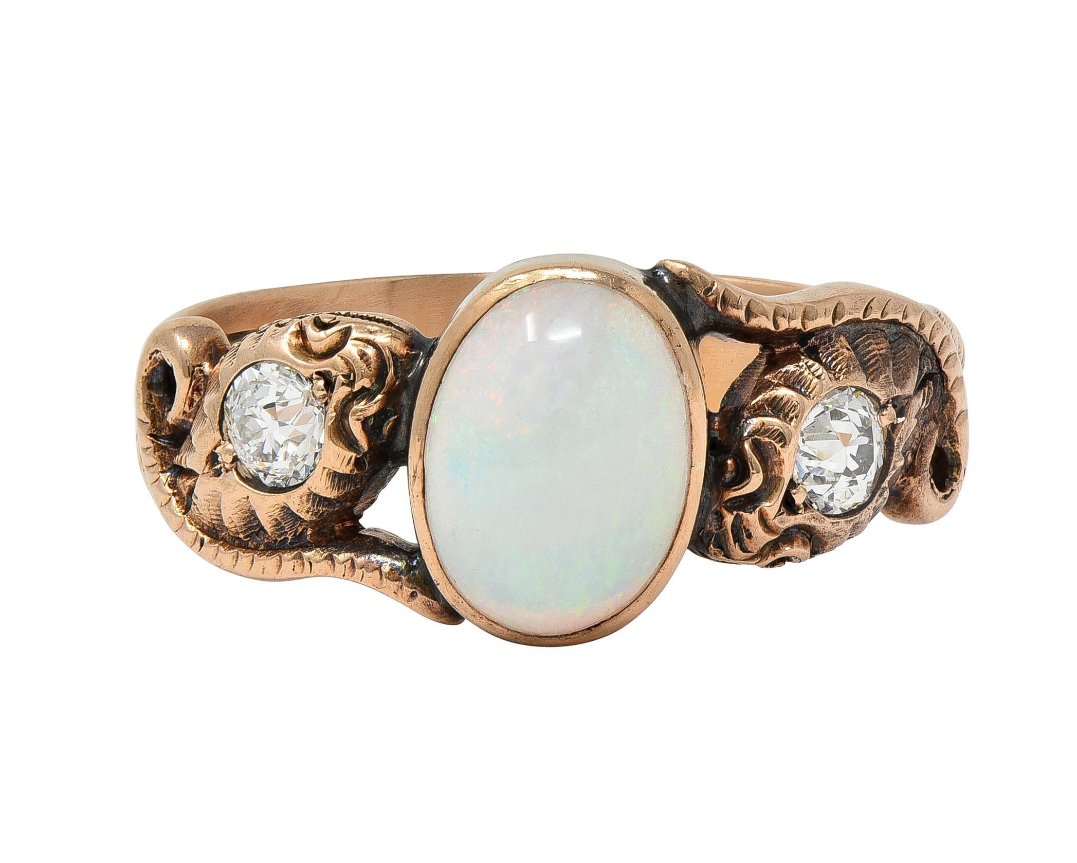 Victorian Diamond Opal 14 Karat Rose Gold Antique Lovers Knot Snake Ring Victoriano en venta