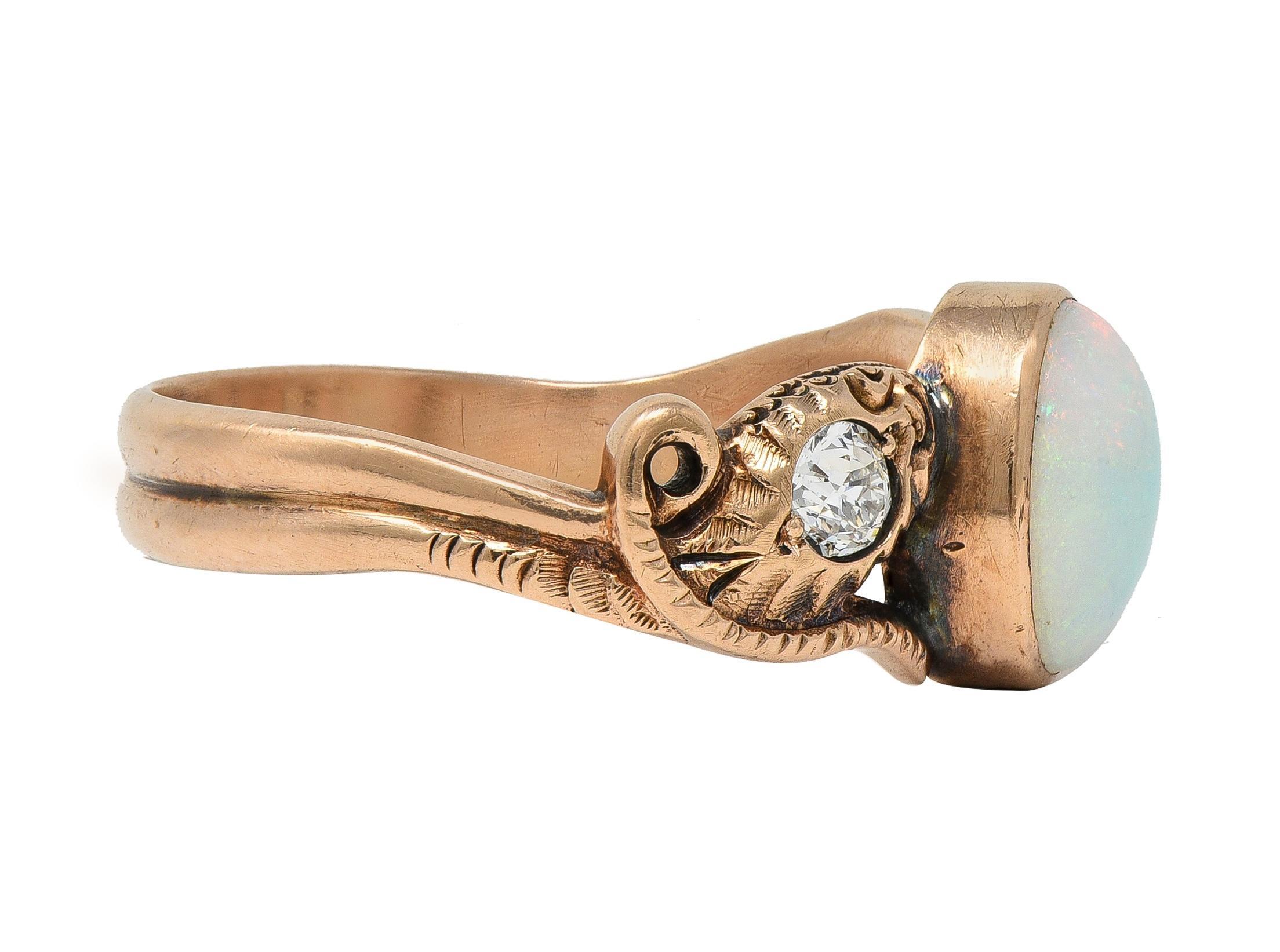 Victorian Diamond Opal 14 Karat Rose Gold Antique Lovers Knot Snake Ring Cabujón en venta