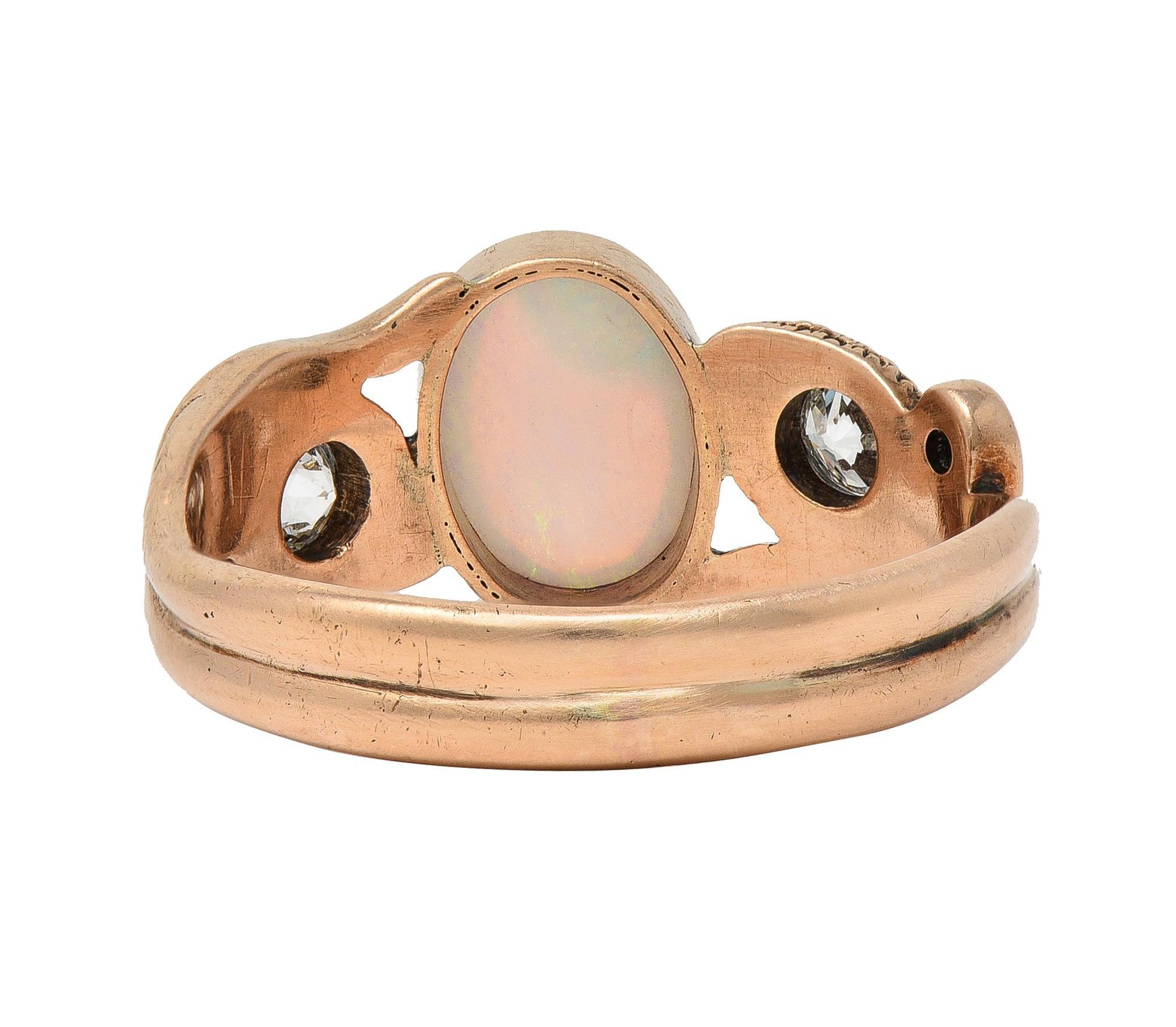 Victorian Diamond Opal 14 Karat Rose Gold Antique Lovers Knot Snake Ring en Excelente estado para la venta en Philadelphia, PA
