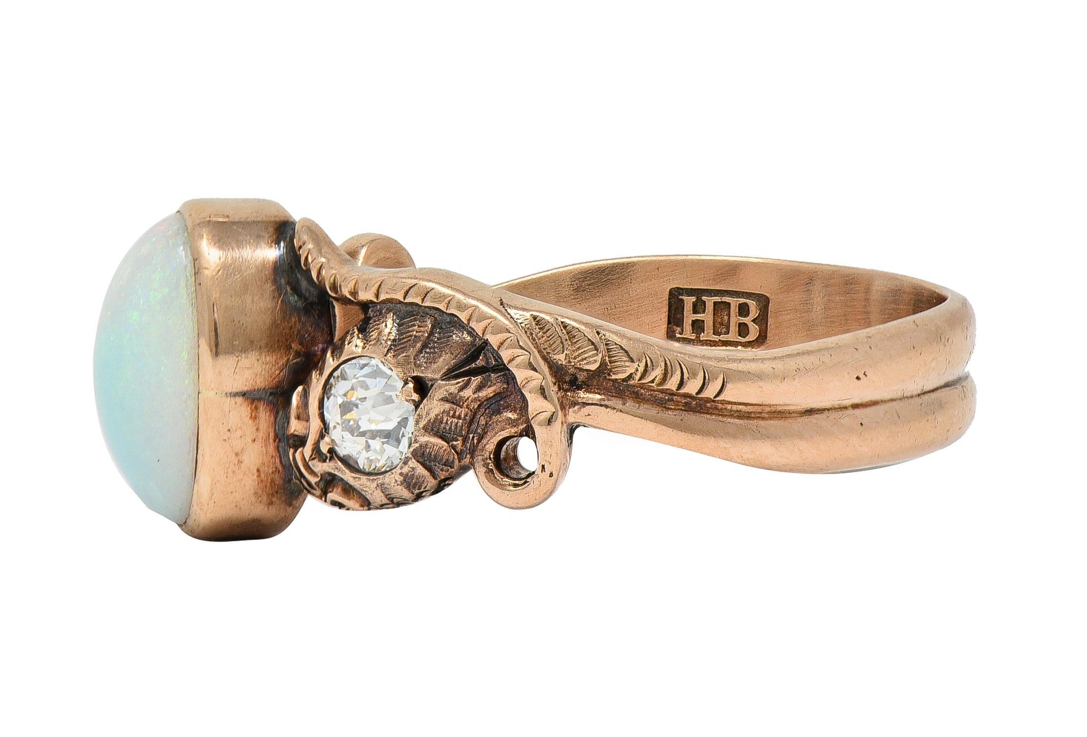 Femenino o masculino Victorian Diamond Opal 14 Karat Rose Gold Antique Lovers Knot Snake Ring en venta