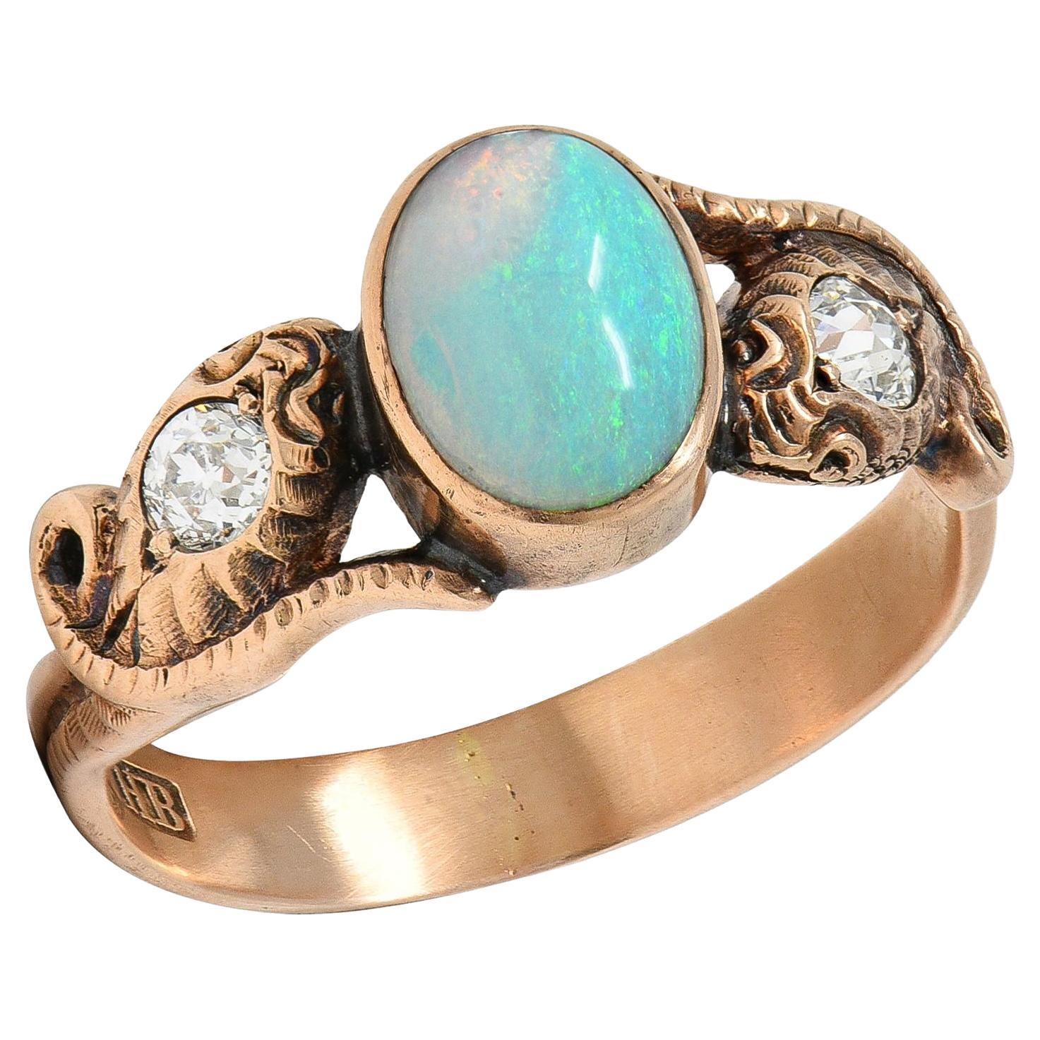 Victorian Diamond Opal 14 Karat Rose Gold Antique Lovers Knot Snake Ring