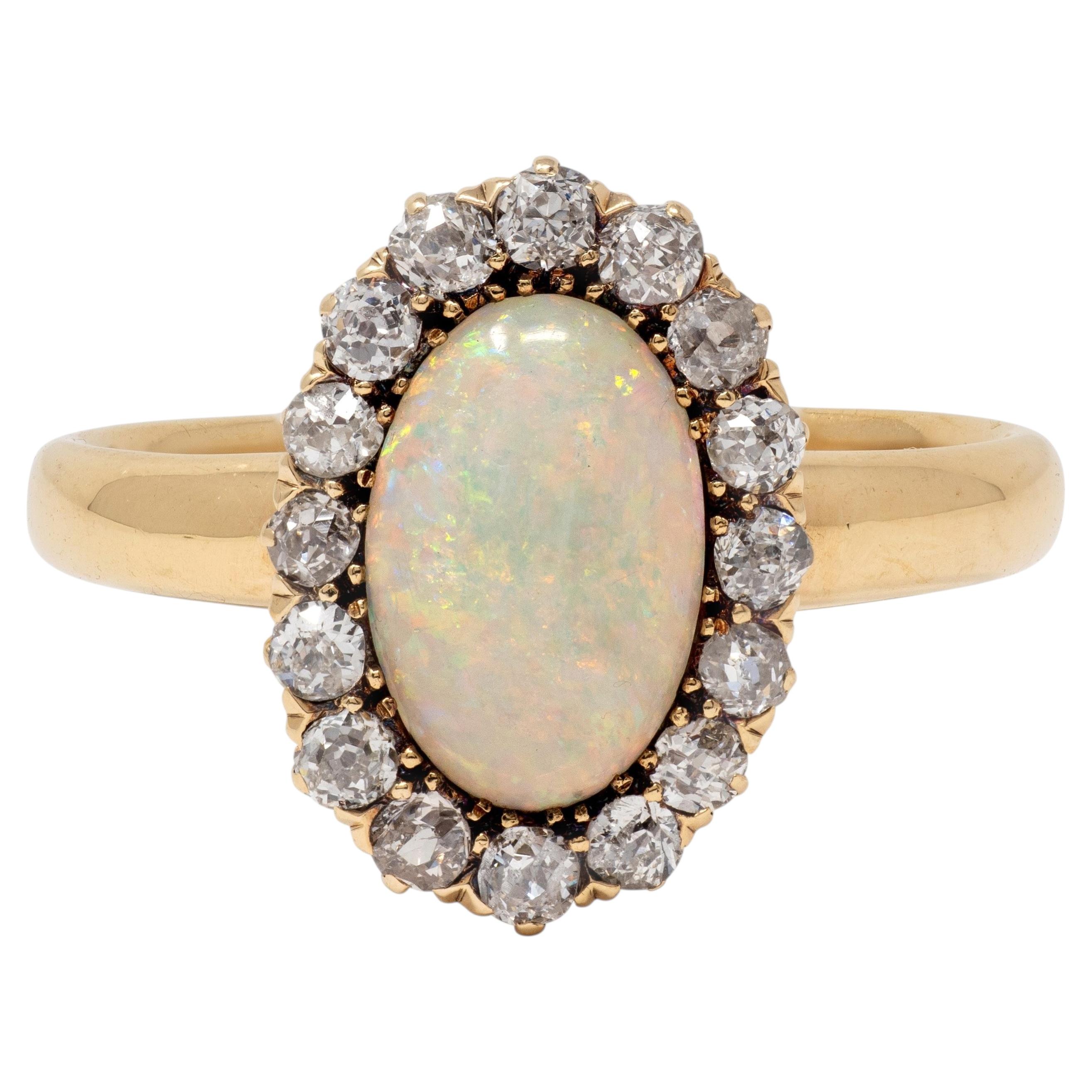 Victorian Diamond Opal 14 Karat Yellow Gold Antique Halo Ring